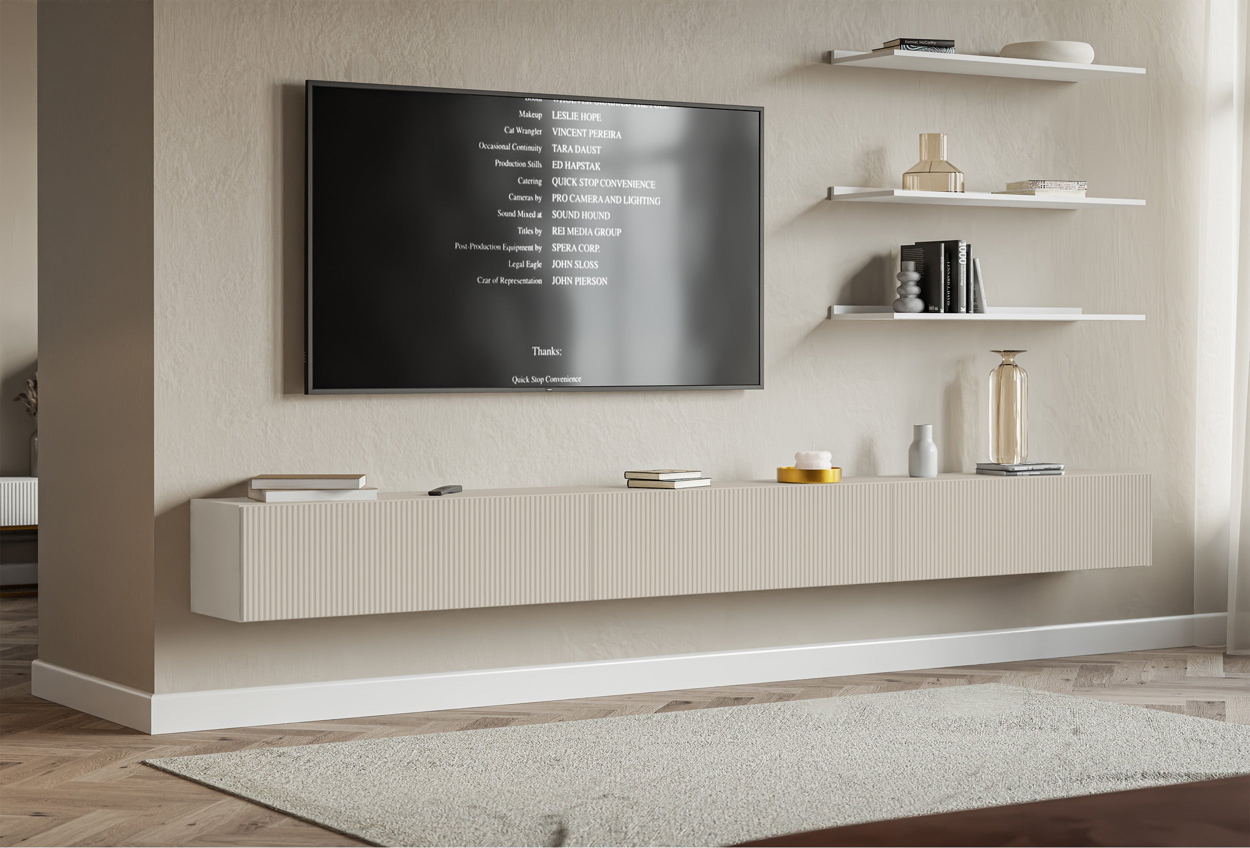 Hängender dreitüriger Veldio TV-Schrank mit geriffelter Front, 300 cm, grau-beige