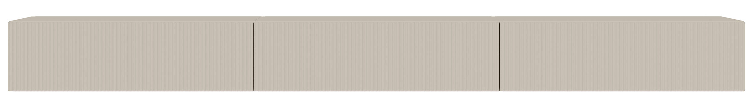 Hängender dreitüriger Veldio TV-Schrank mit geriffelter Front, 300 cm, grau-beige