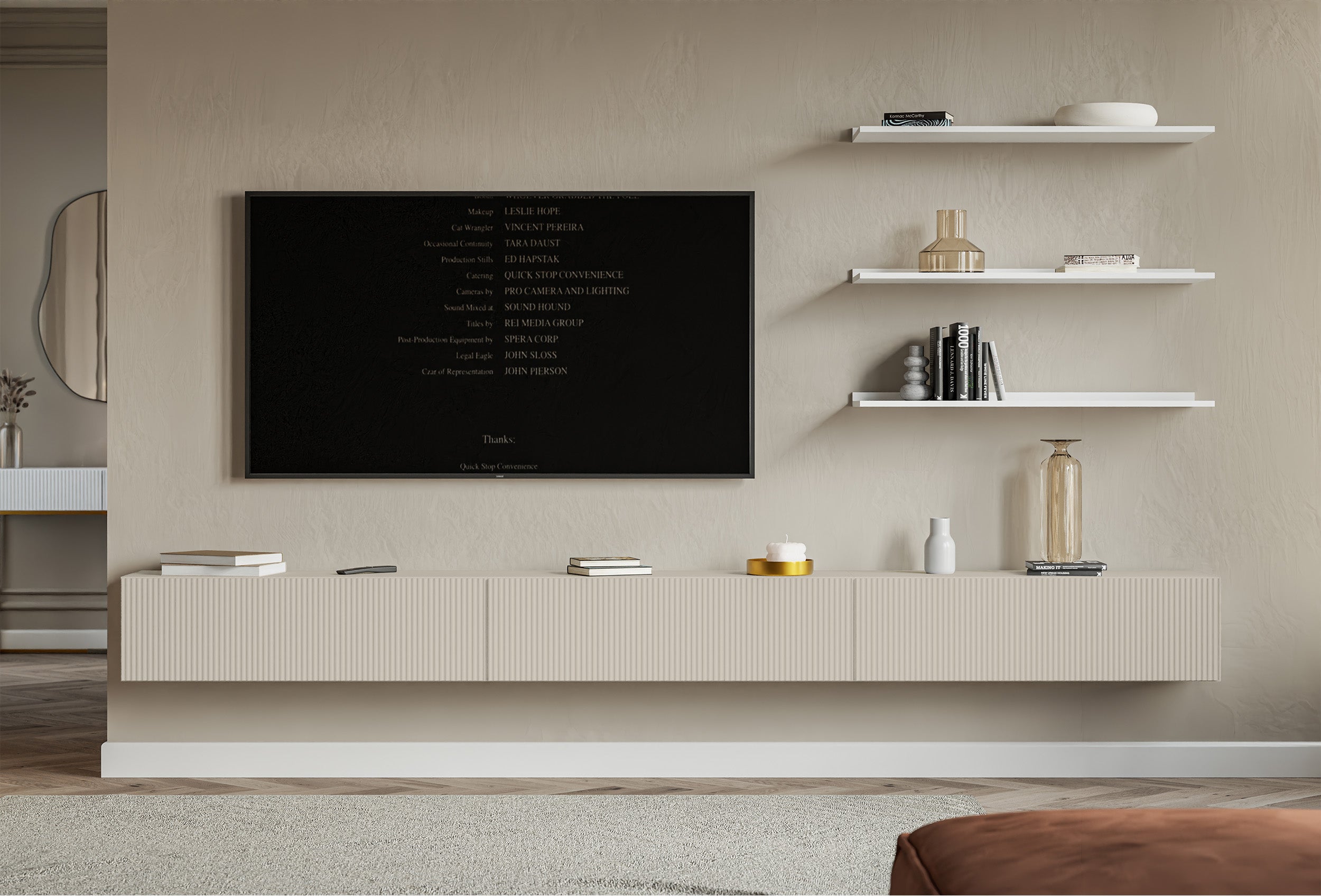 Hängender dreitüriger Veldio TV-Schrank mit geriffelter Front, 300 cm, grau-beige