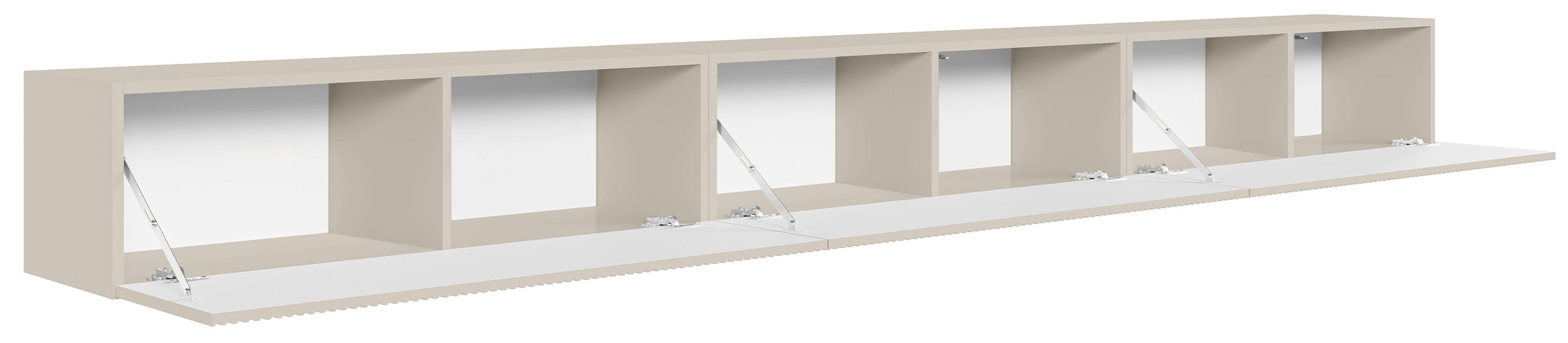 Hängender dreitüriger Veldio TV-Schrank mit geriffelter Front, 300 cm, grau-beige