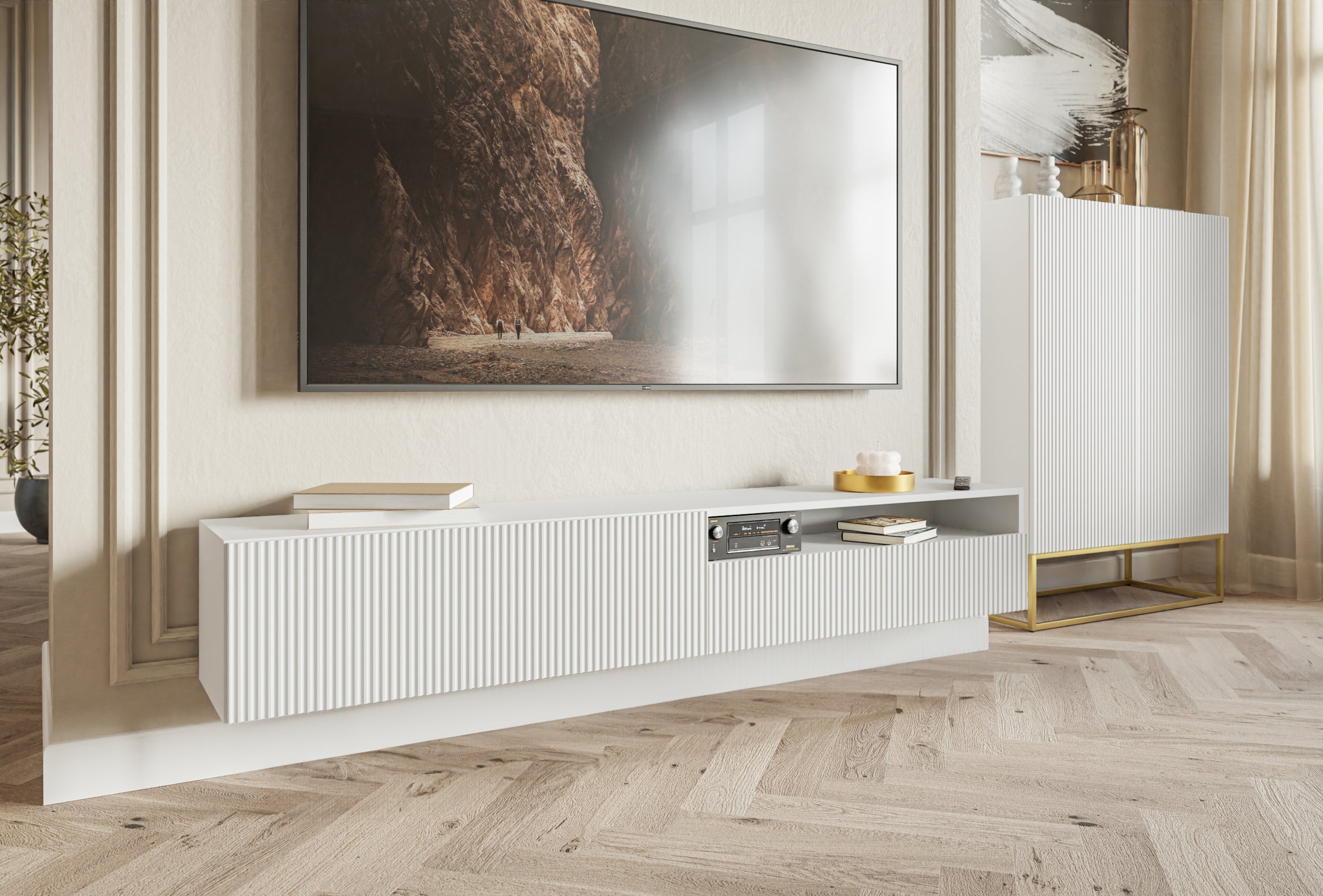 Hängender TV-Schrank Veldio mit gefräster Front und Nische, 175 cm, Weiß