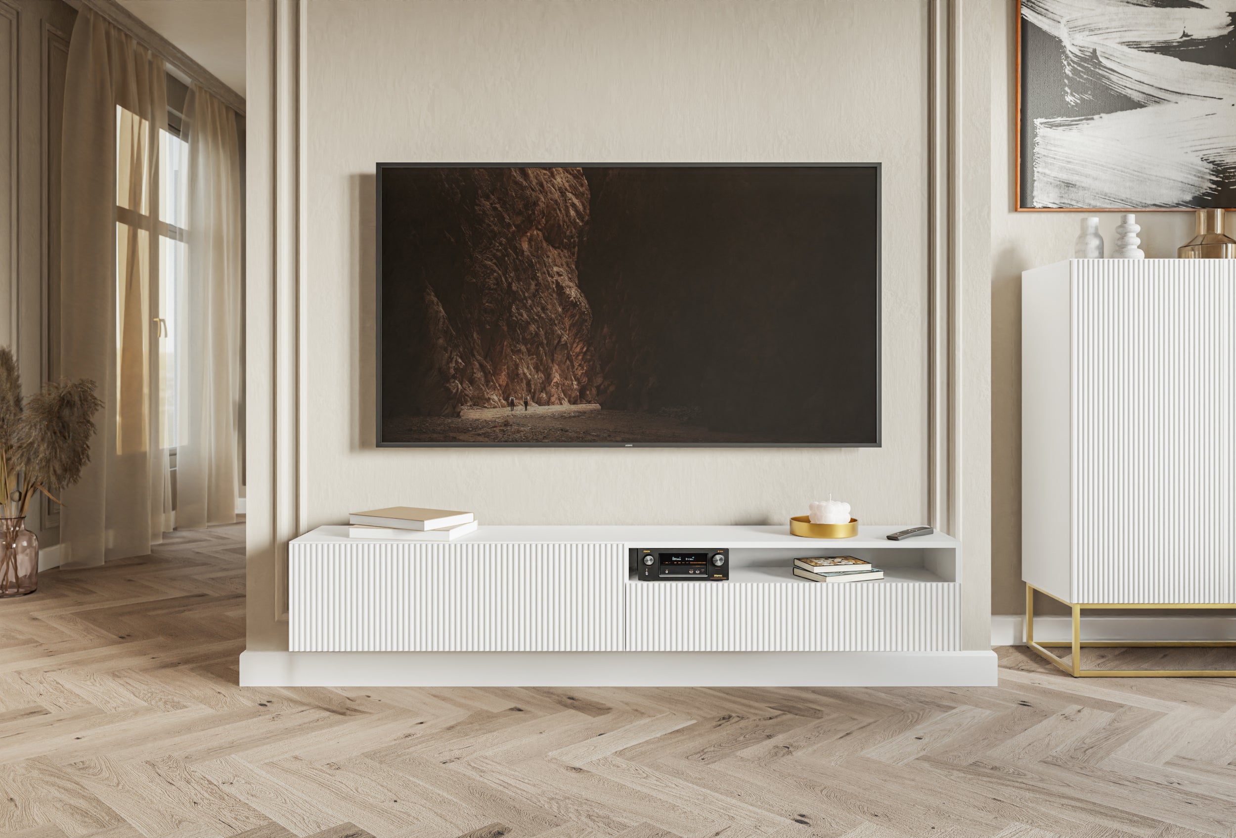 TV-Schrank Veldio mit gefräster Front und Nische, 175 cm, schwarze Wandmontage