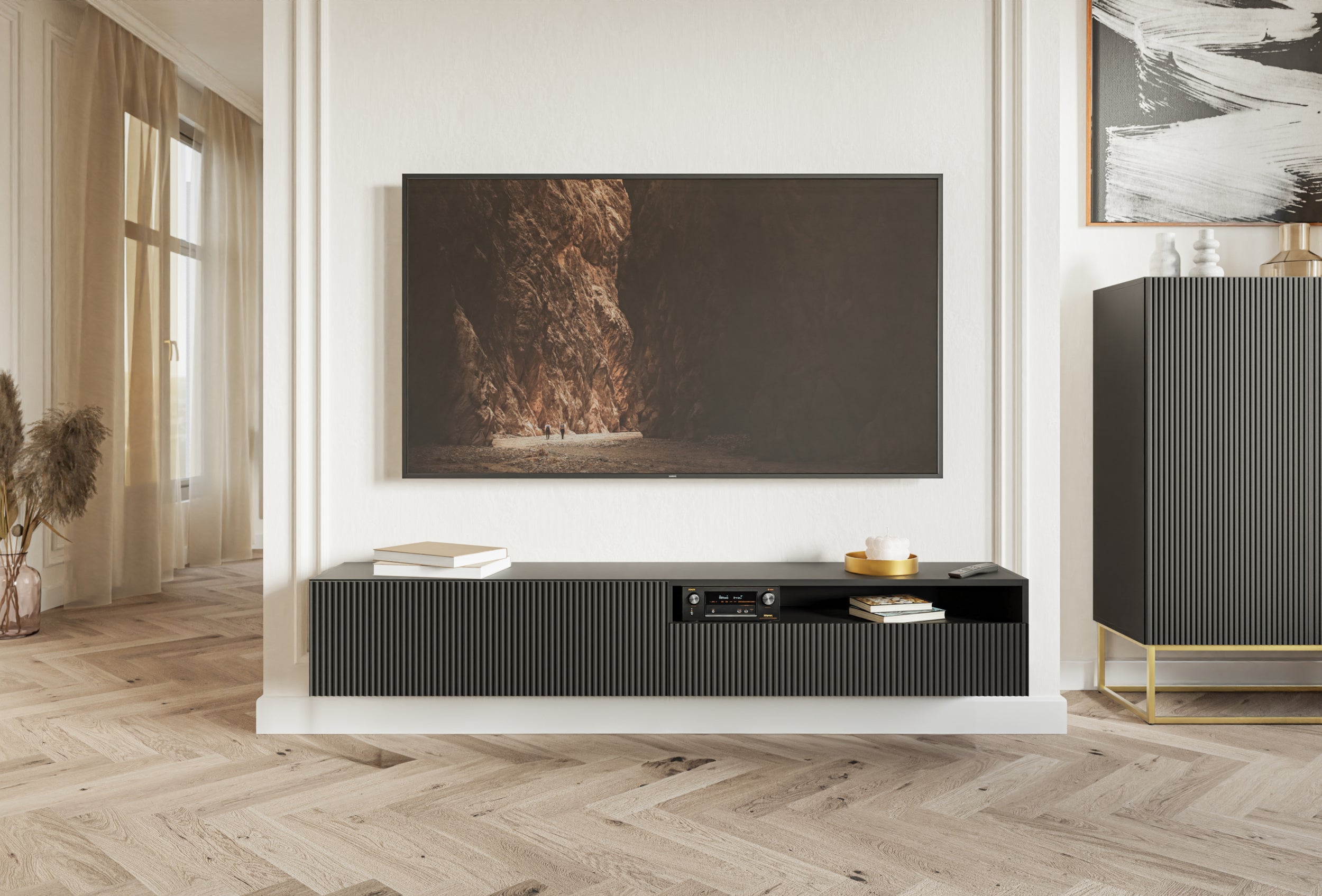 TV-Schrank Veldio mit gefräster Front und Nische, 175 cm, schwarze Wandmontage