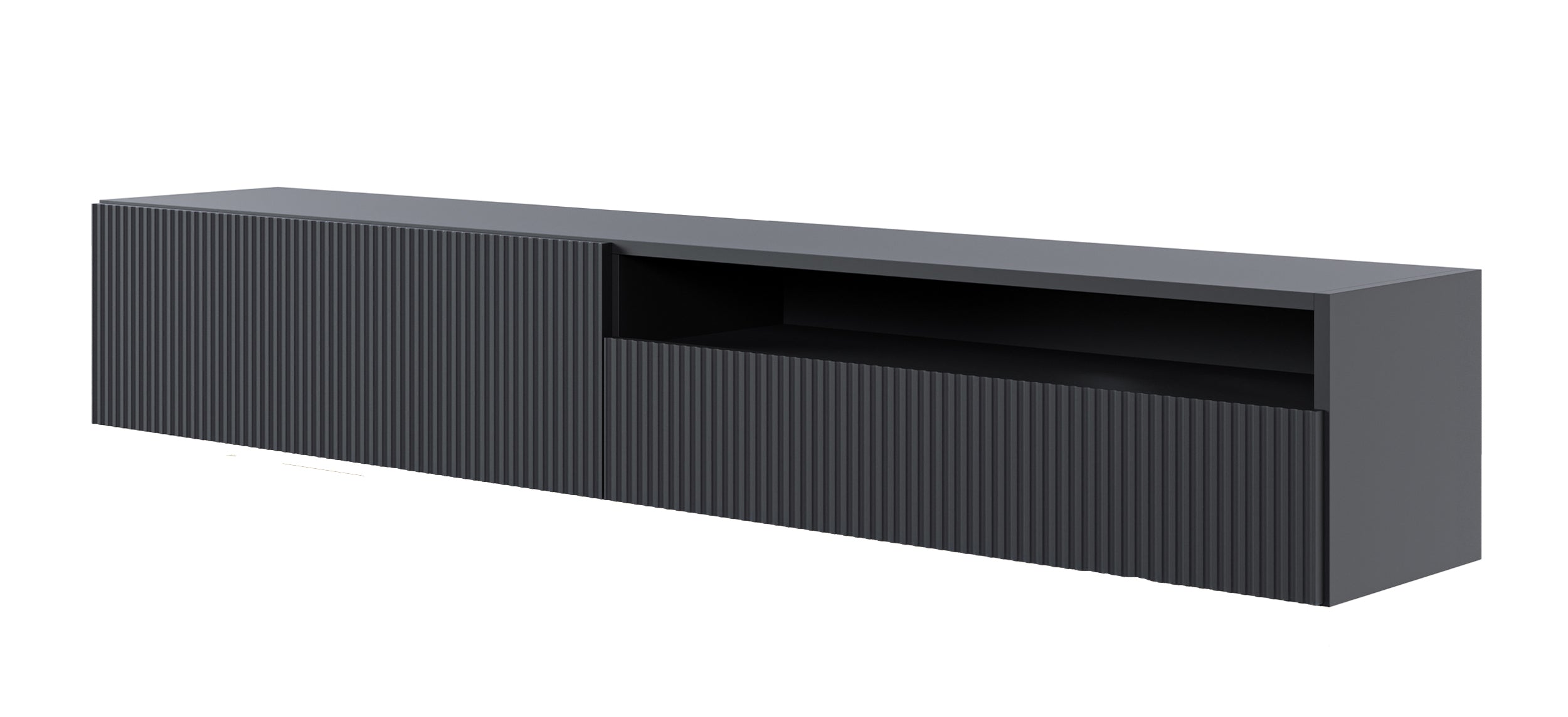TV-Schrank Veldio mit gefräster Front und Nische, 175 cm, schwarze Wandmontage