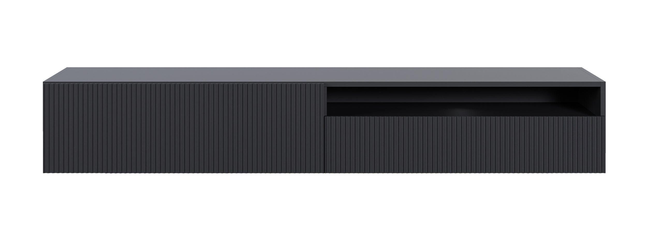 TV-Schrank Veldio mit gefräster Front und Nische, 175 cm, schwarze Wandmontage