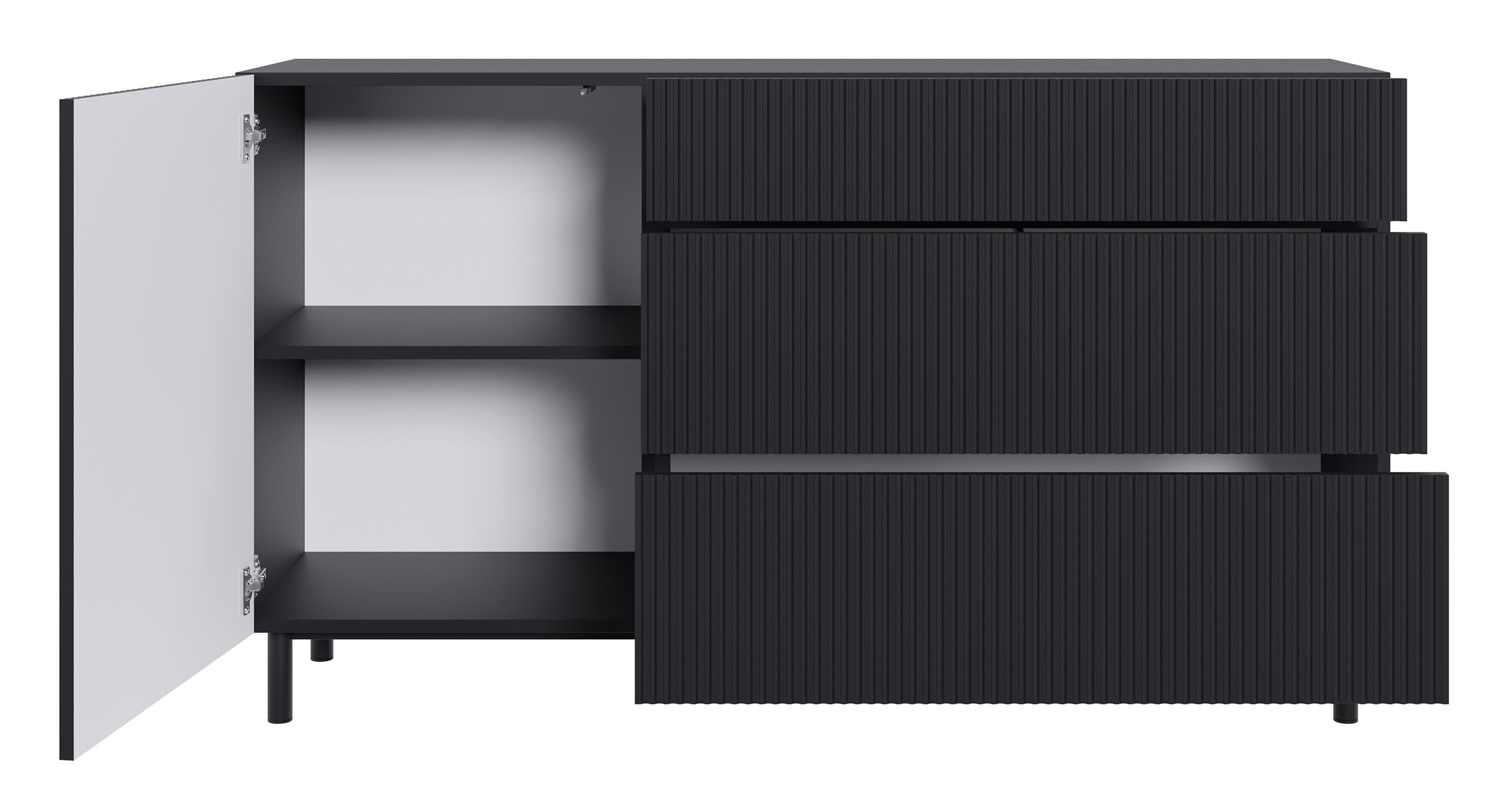Einzeltürige Kommode Veldio New mit gefräster Front und drei Schubladen, 140 cm, schwarz