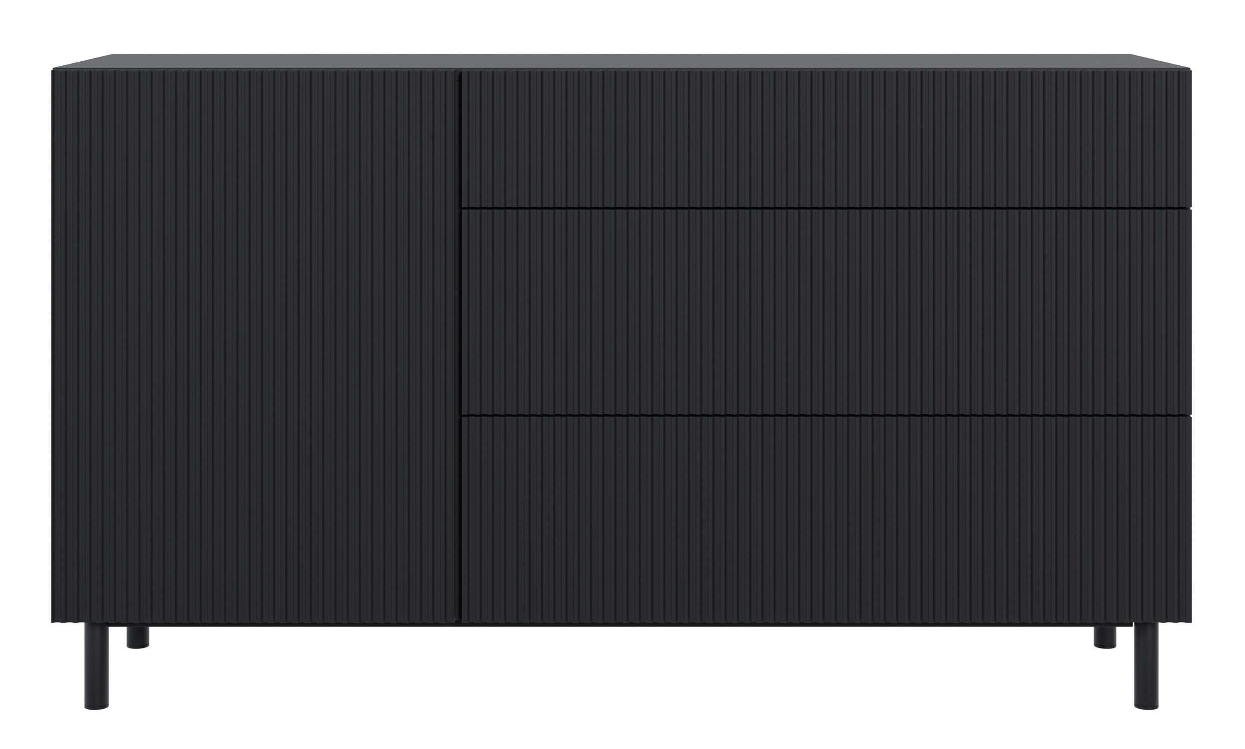 Einzeltürige Kommode Veldio New mit gefräster Front und drei Schubladen, 140 cm, schwarz