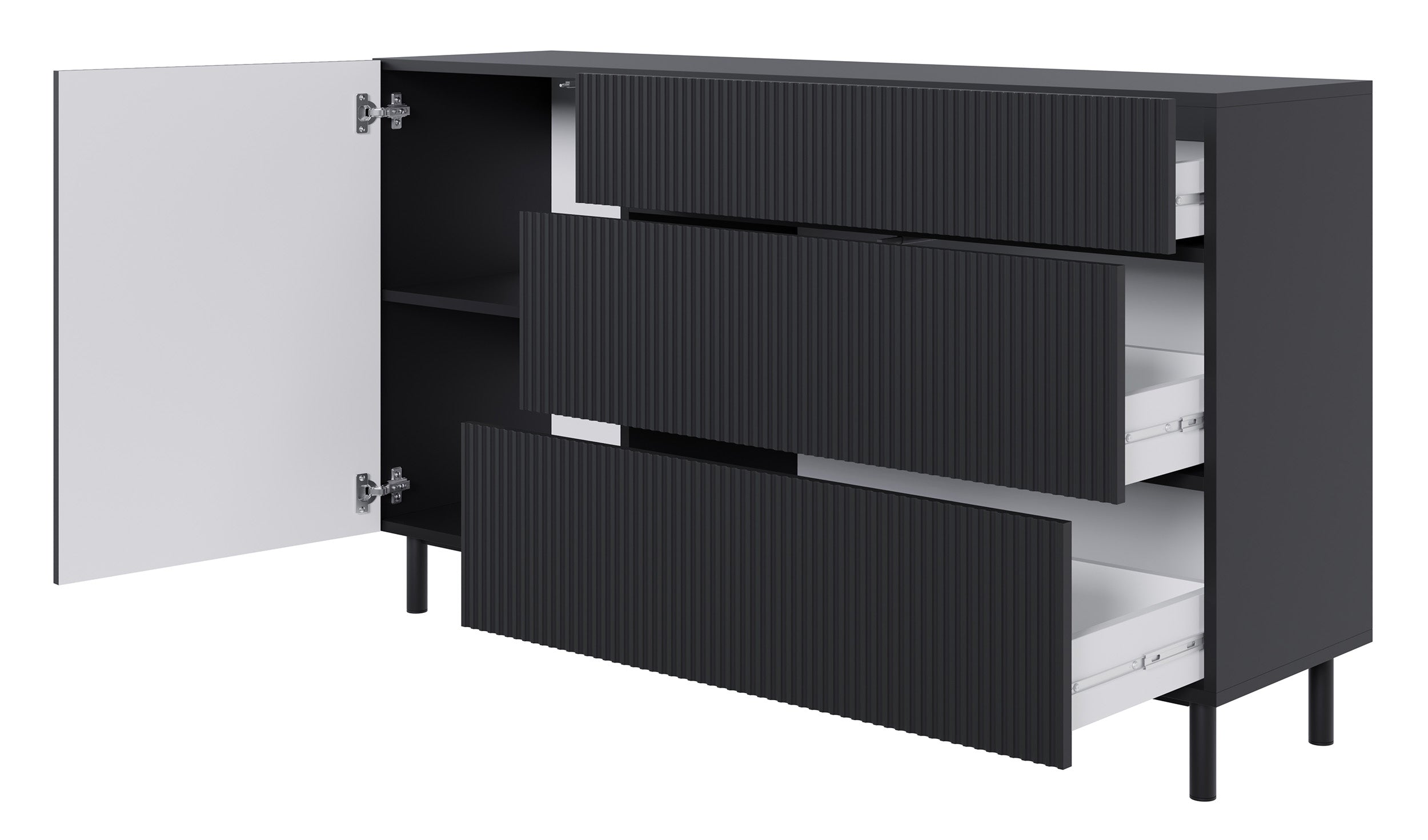 Einzeltürige Kommode Veldio New mit gefräster Front und drei Schubladen, 140 cm, schwarz