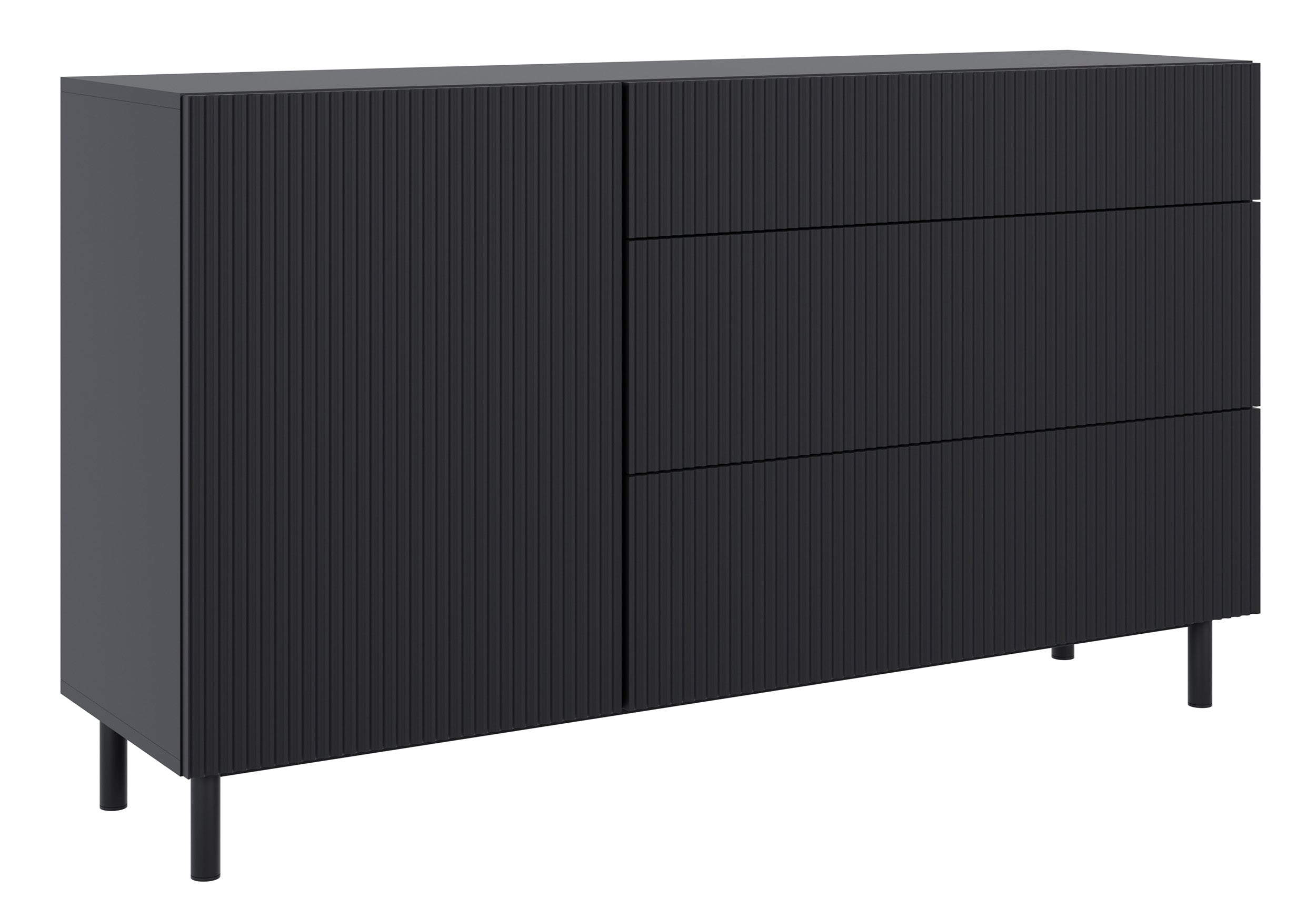 Einzeltürige Kommode Veldio New mit gefräster Front und drei Schubladen, 140 cm, schwarz