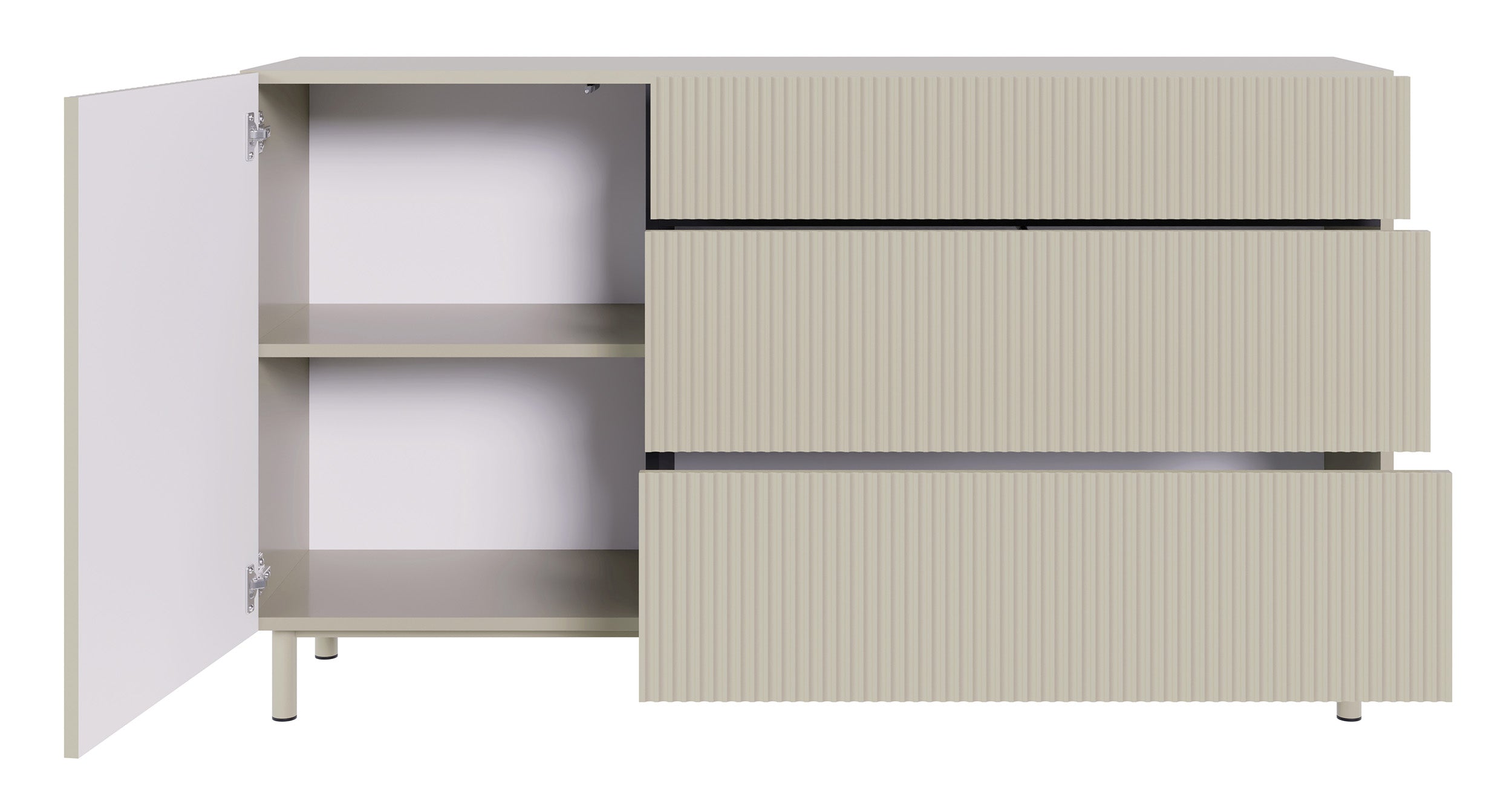 Einzeltür-Kommode Veldio New mit gefräster Front und drei Schubladen, 140 cm, grau-beige