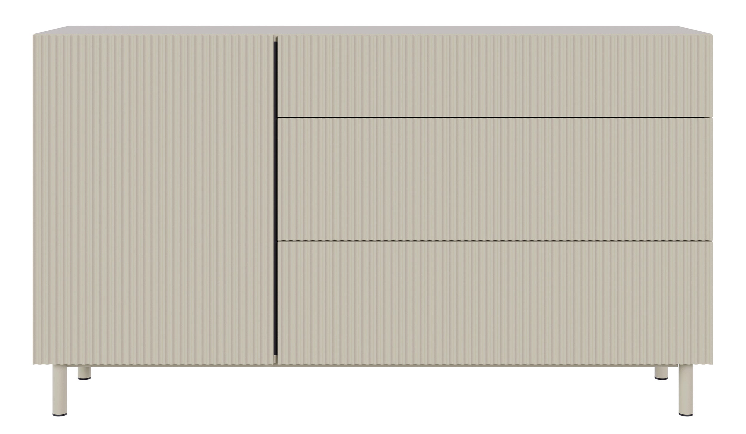 Einzeltür-Kommode Veldio New mit gefräster Front und drei Schubladen, 140 cm, grau-beige