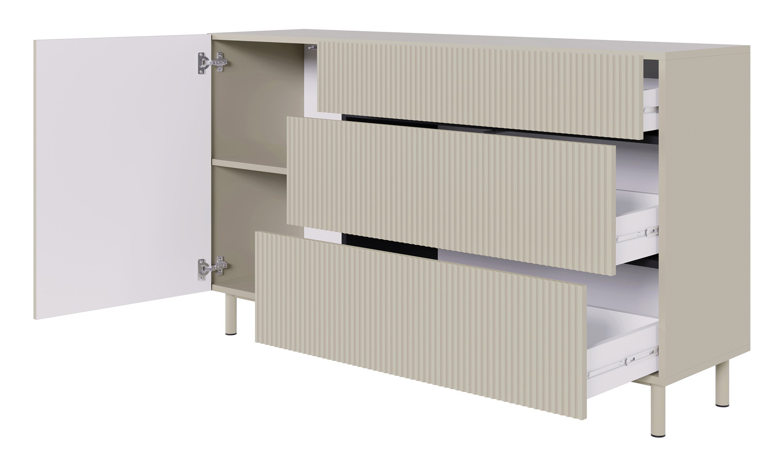 Einzeltür-Kommode Veldio New mit gefräster Front und drei Schubladen, 140 cm, grau-beige