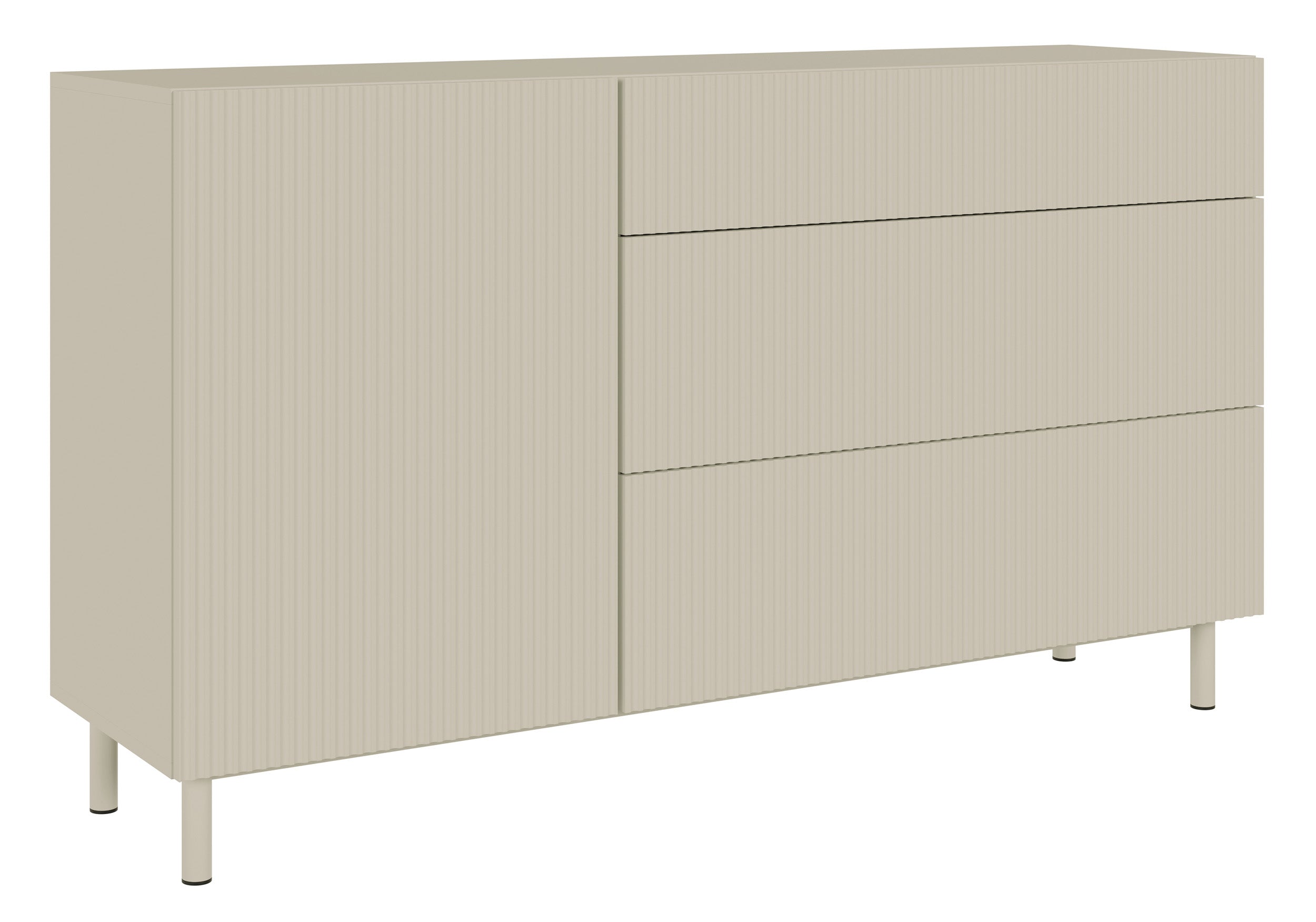 Einzeltür-Kommode Veldio New mit gefräster Front und drei Schubladen, 140 cm, grau-beige
