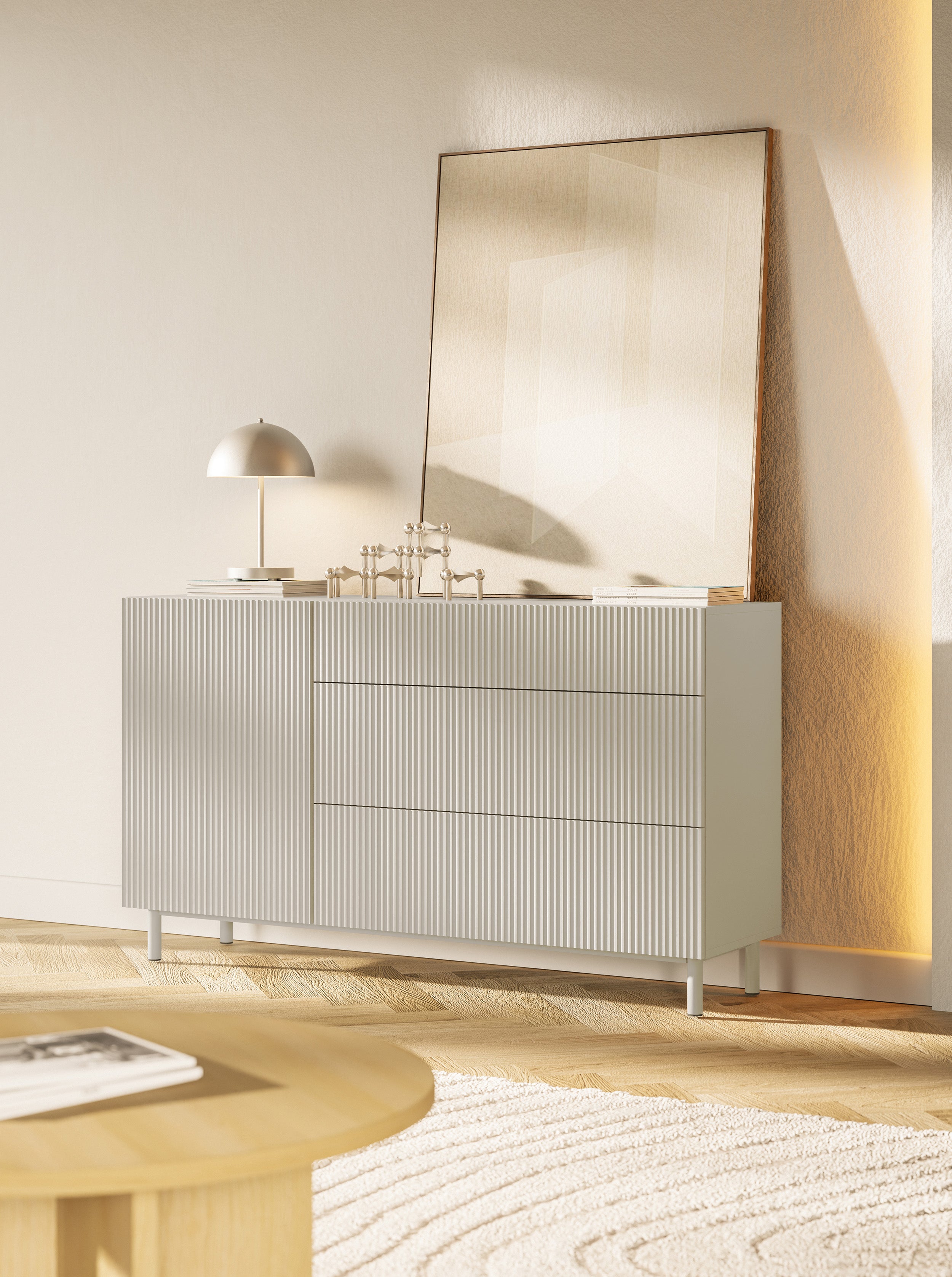 Einzeltür-Kommode Veldio New mit gefräster Front und drei Schubladen, 140 cm, grau-beige