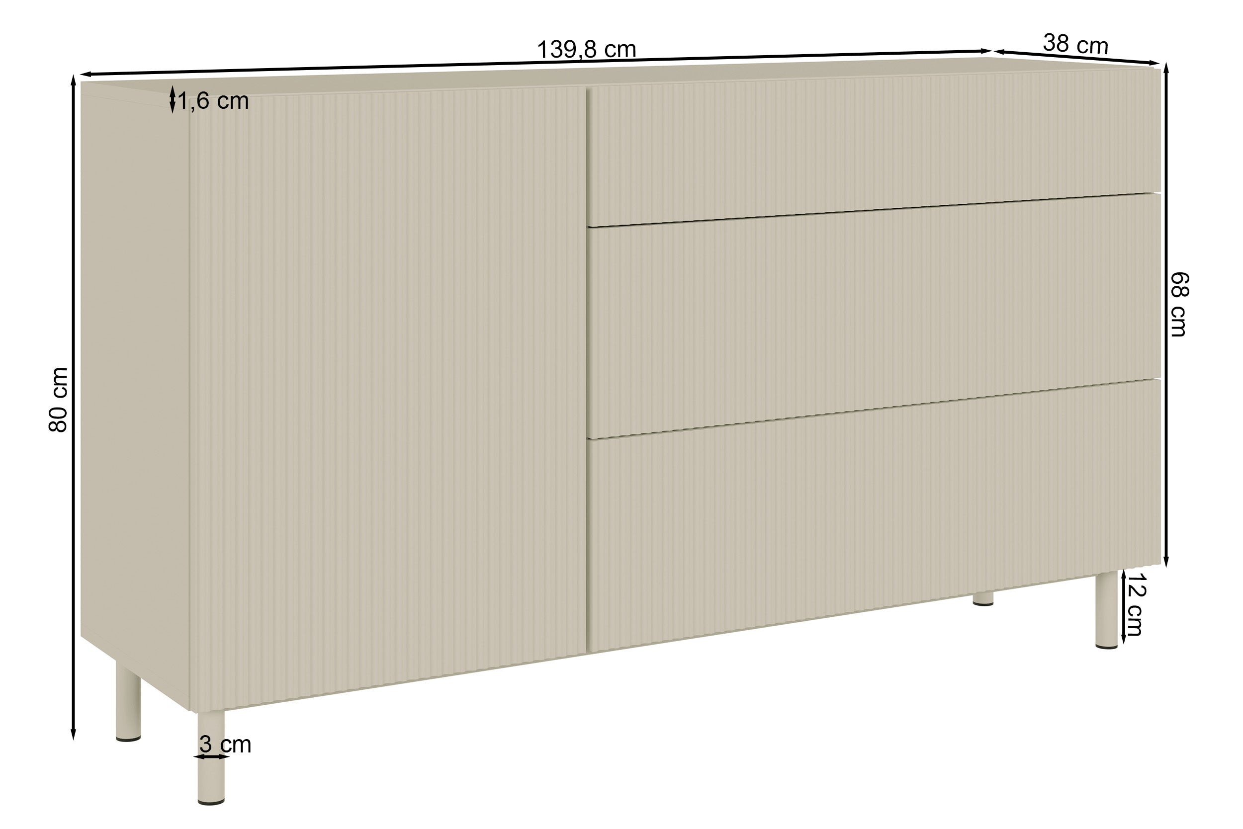 Einzeltürige Kommode Veldio New mit gefräster Front und drei Schubladen, 140 cm, schwarz