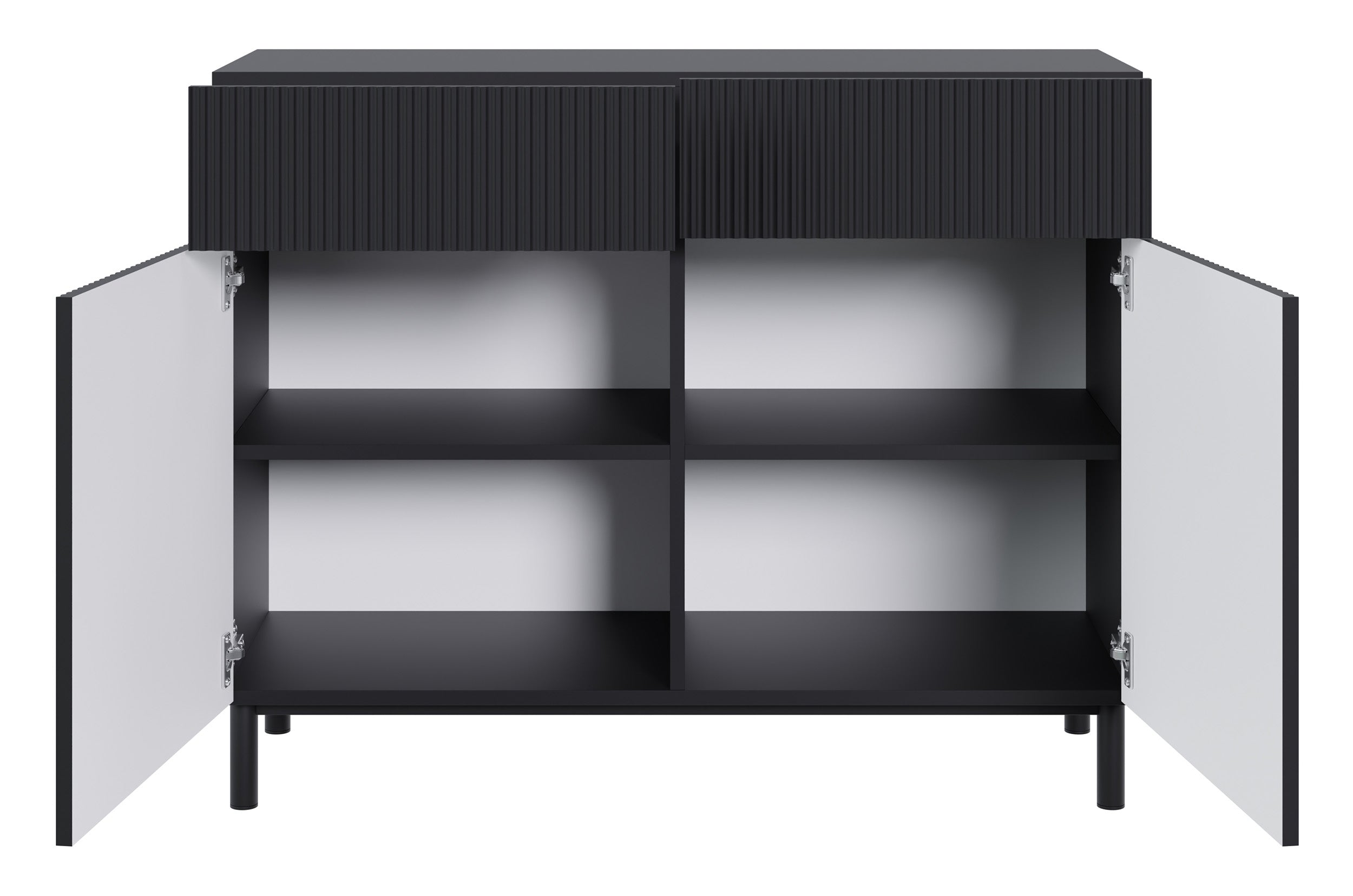 Zweiturige Kommode Veldio New mit gefräster Front und zwei Schubladen, 100 cm, schwarz