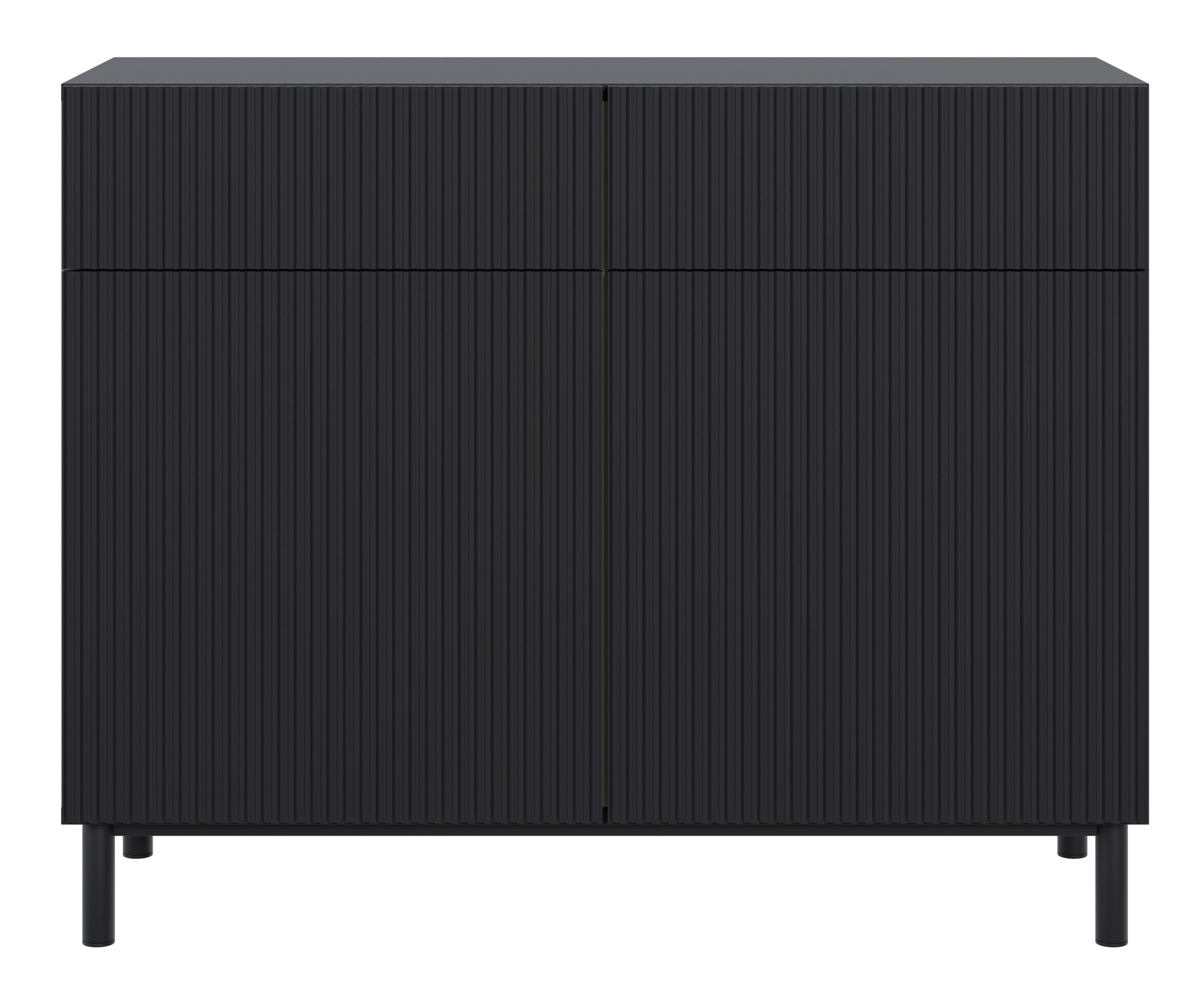 Zweiturige Kommode Veldio New mit gefräster Front und zwei Schubladen, 100 cm, schwarz