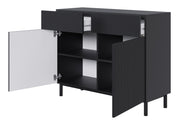 Zweiturige Kommode Veldio New mit gefräster Front und zwei Schubladen, 100 cm, schwarz
