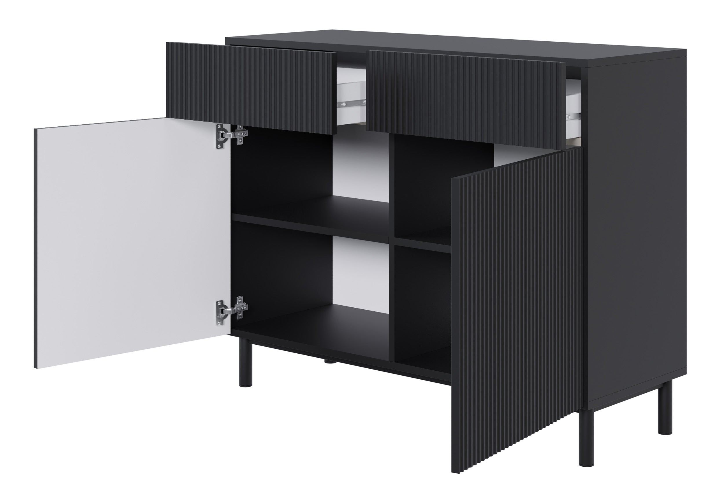 Zweiturige Kommode Veldio New mit gefräster Front und zwei Schubladen, 100 cm, schwarz