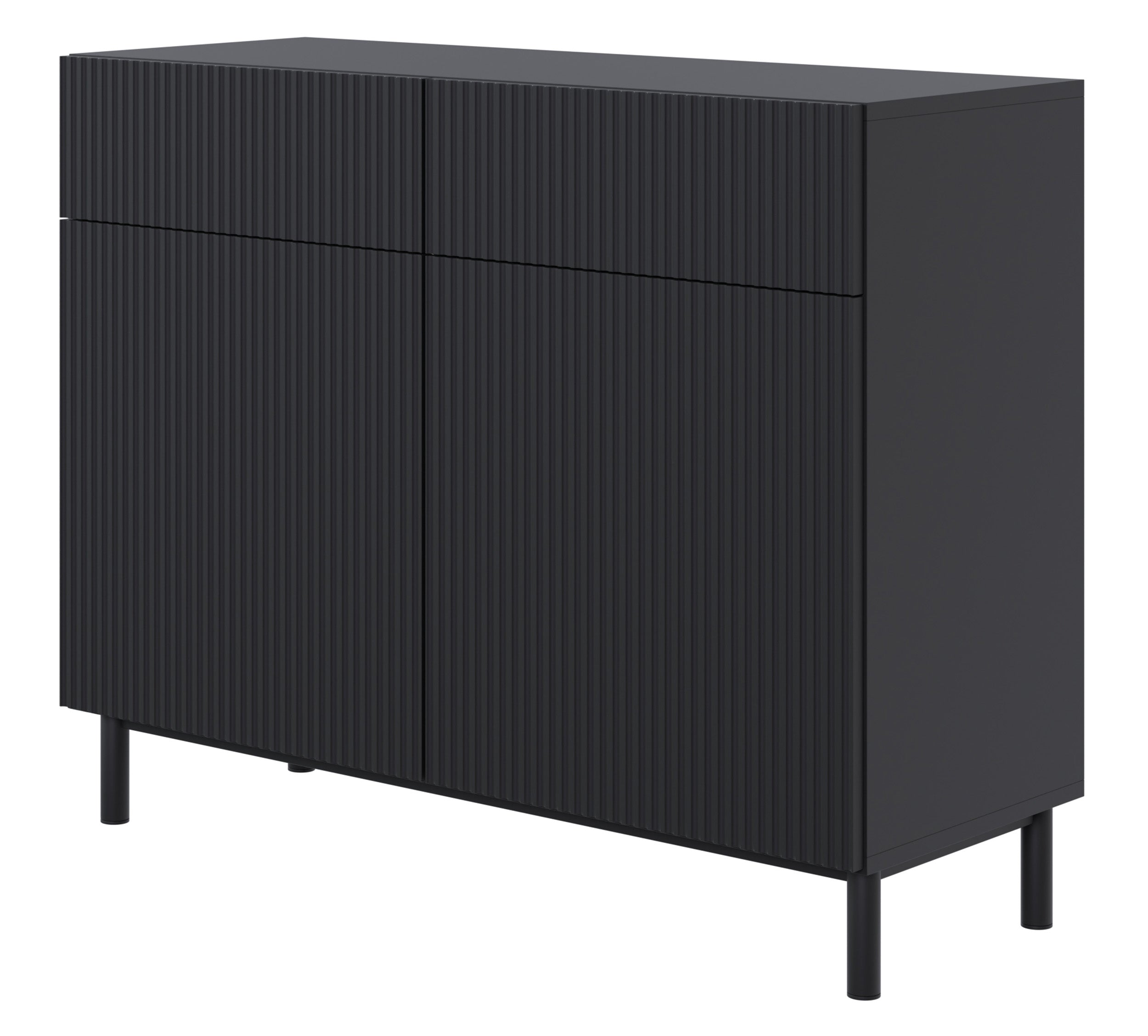 Zweiturige Kommode Veldio New mit gefräster Front und zwei Schubladen, 100 cm, schwarz