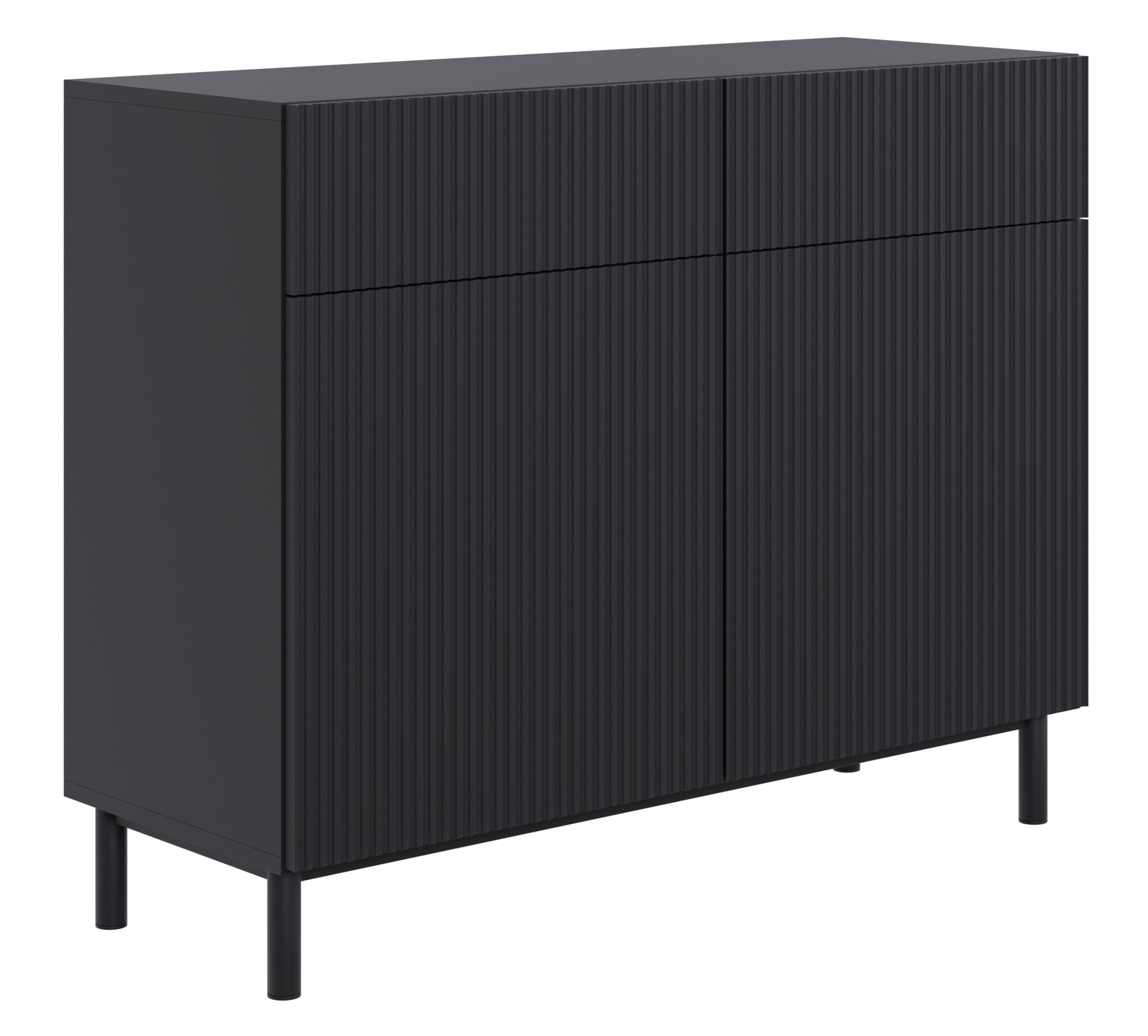 Zweiturige Kommode Veldio New mit gefräster Front und zwei Schubladen, 100 cm, schwarz