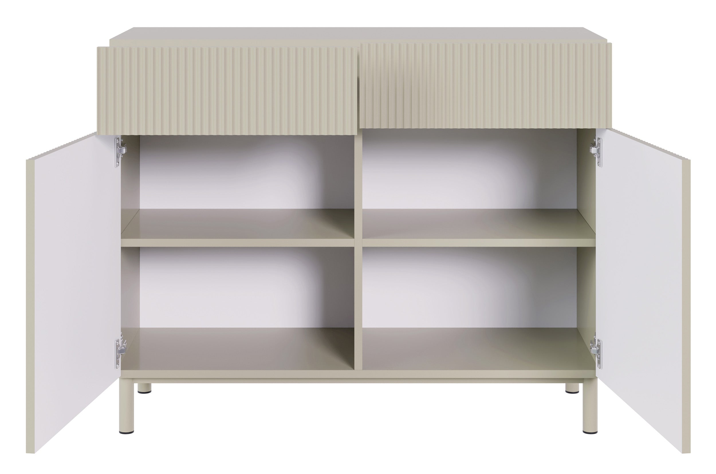 Zweiturige Kommode Veldio New mit gefräster Front und zwei Schubladen, 100 cm, grau-beige