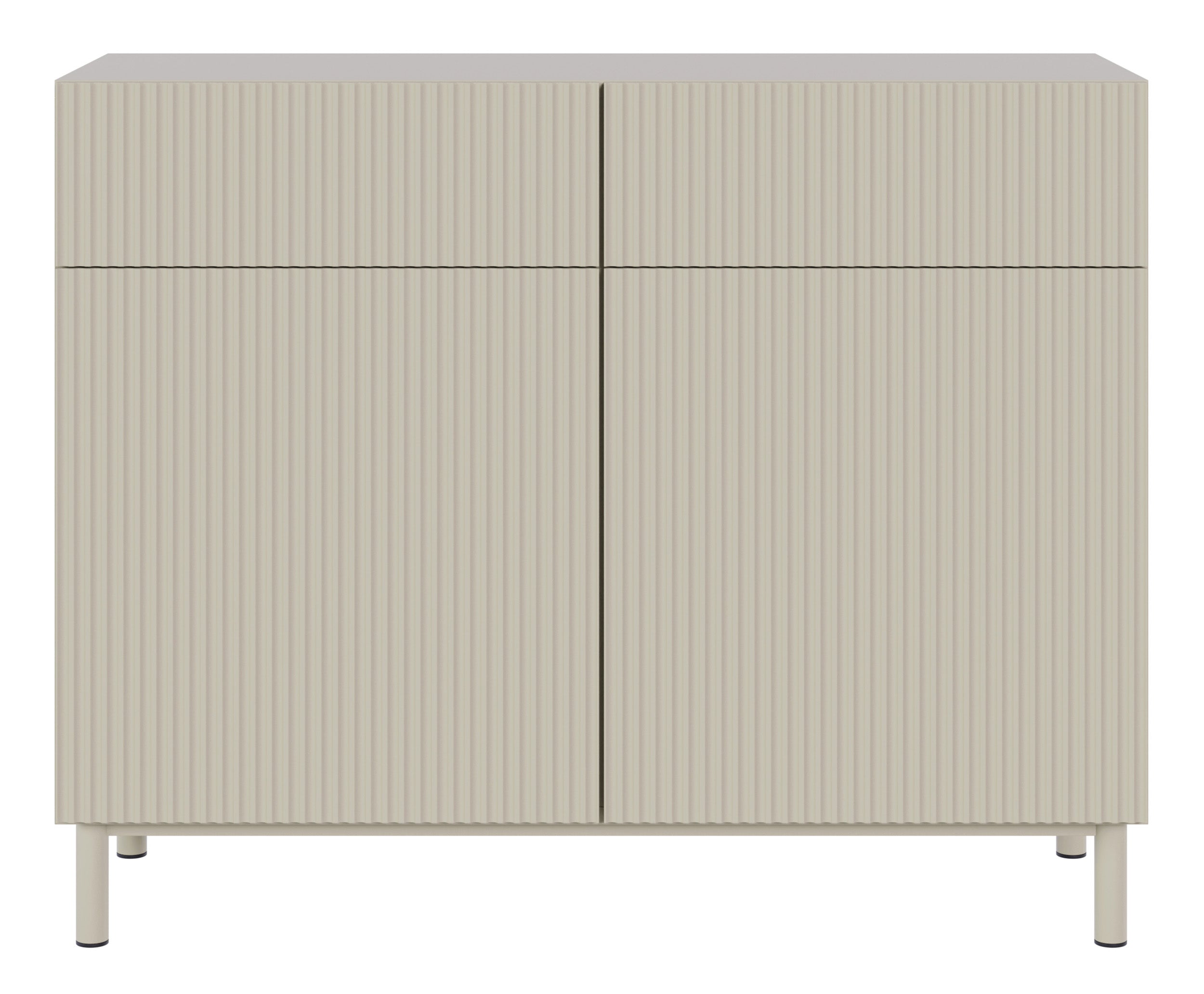 Zweiturige Kommode Veldio New mit gefräster Front und zwei Schubladen, 100 cm, grau-beige