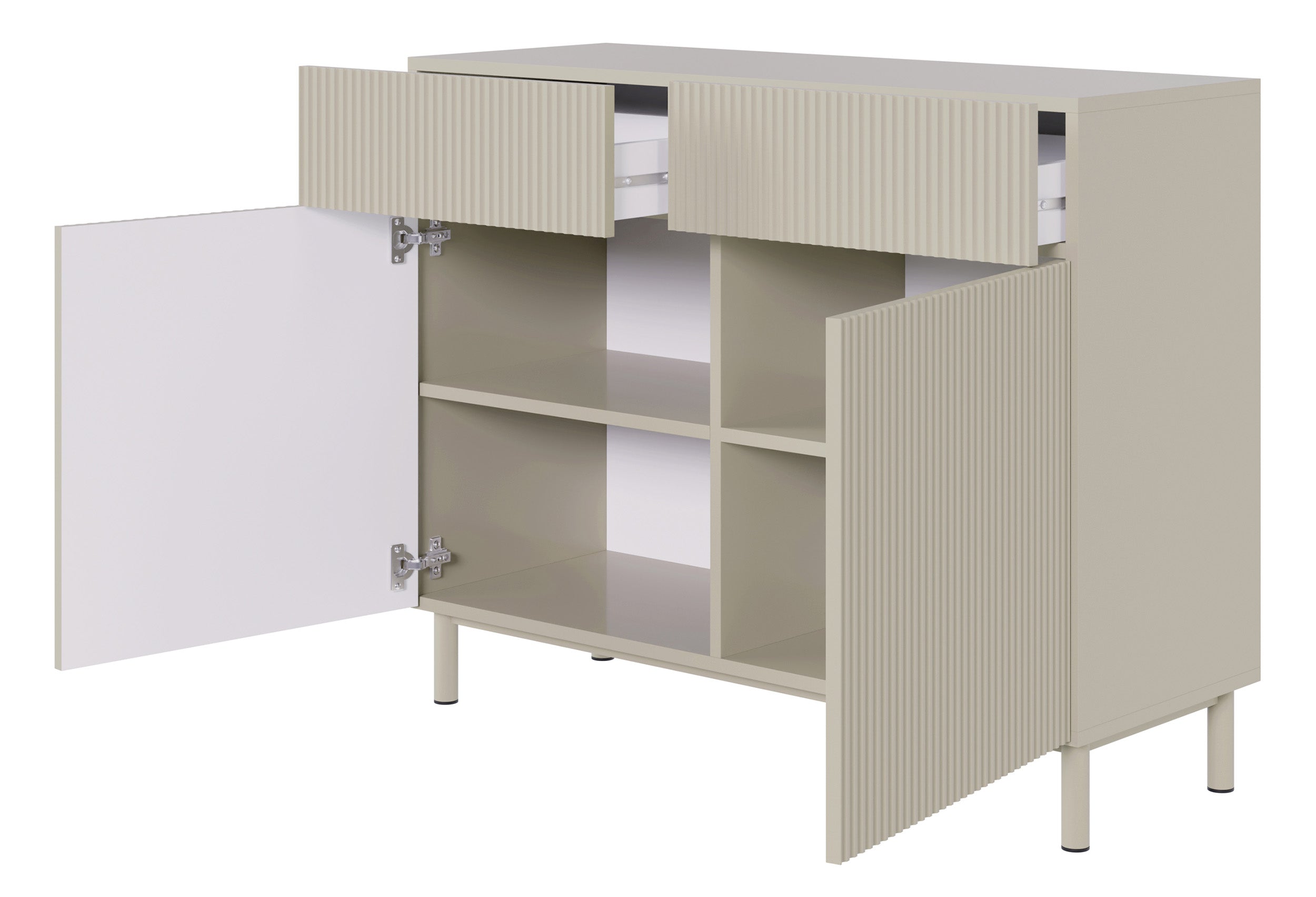 Zweiturige Kommode Veldio New mit gefräster Front und zwei Schubladen, 100 cm, grau-beige