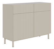 Zweiturige Kommode Veldio New mit gefräster Front und zwei Schubladen, 100 cm, grau-beige
