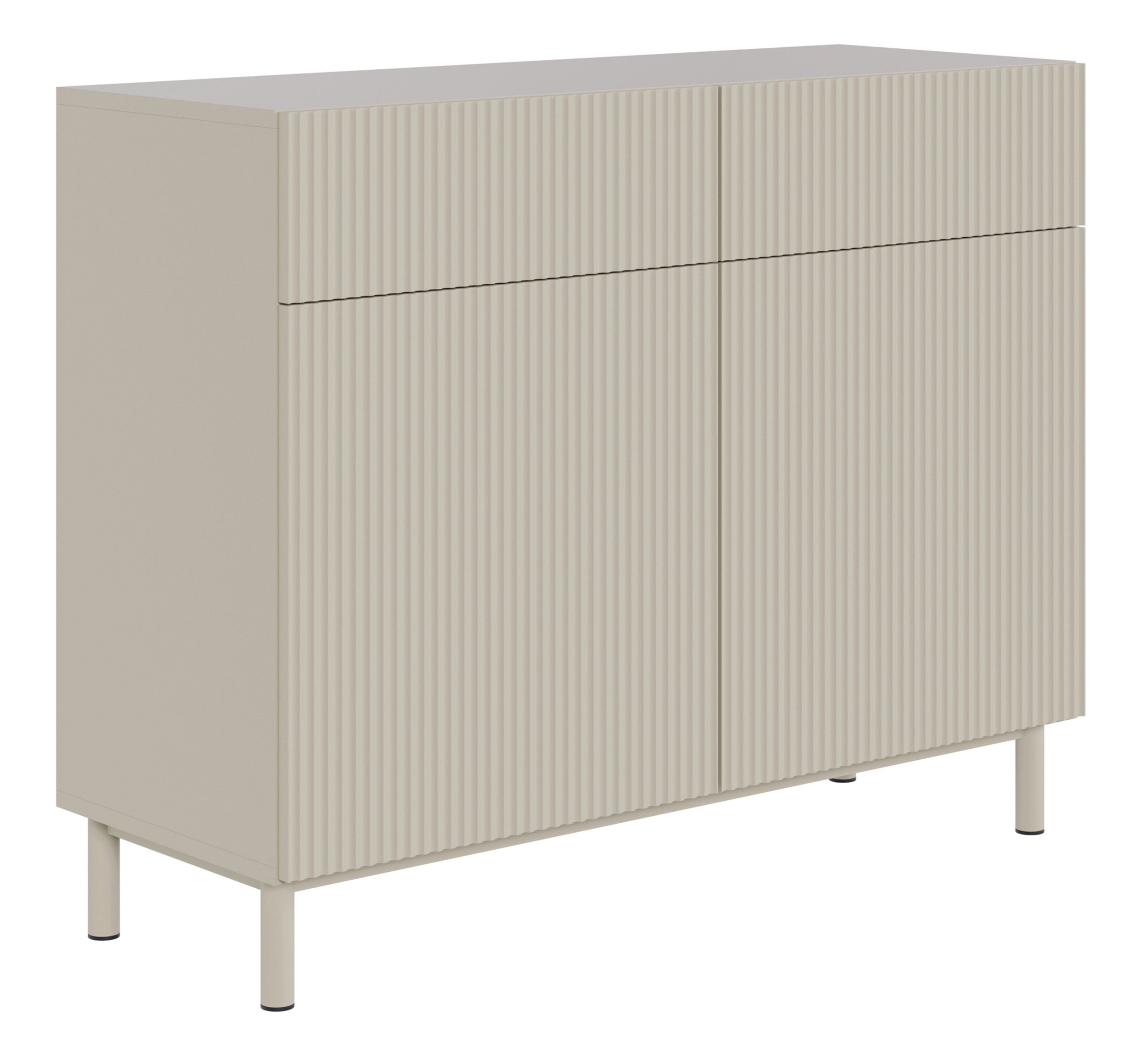 Zweiturige Kommode Veldio New mit gefräster Front und zwei Schubladen, 100 cm, grau-beige