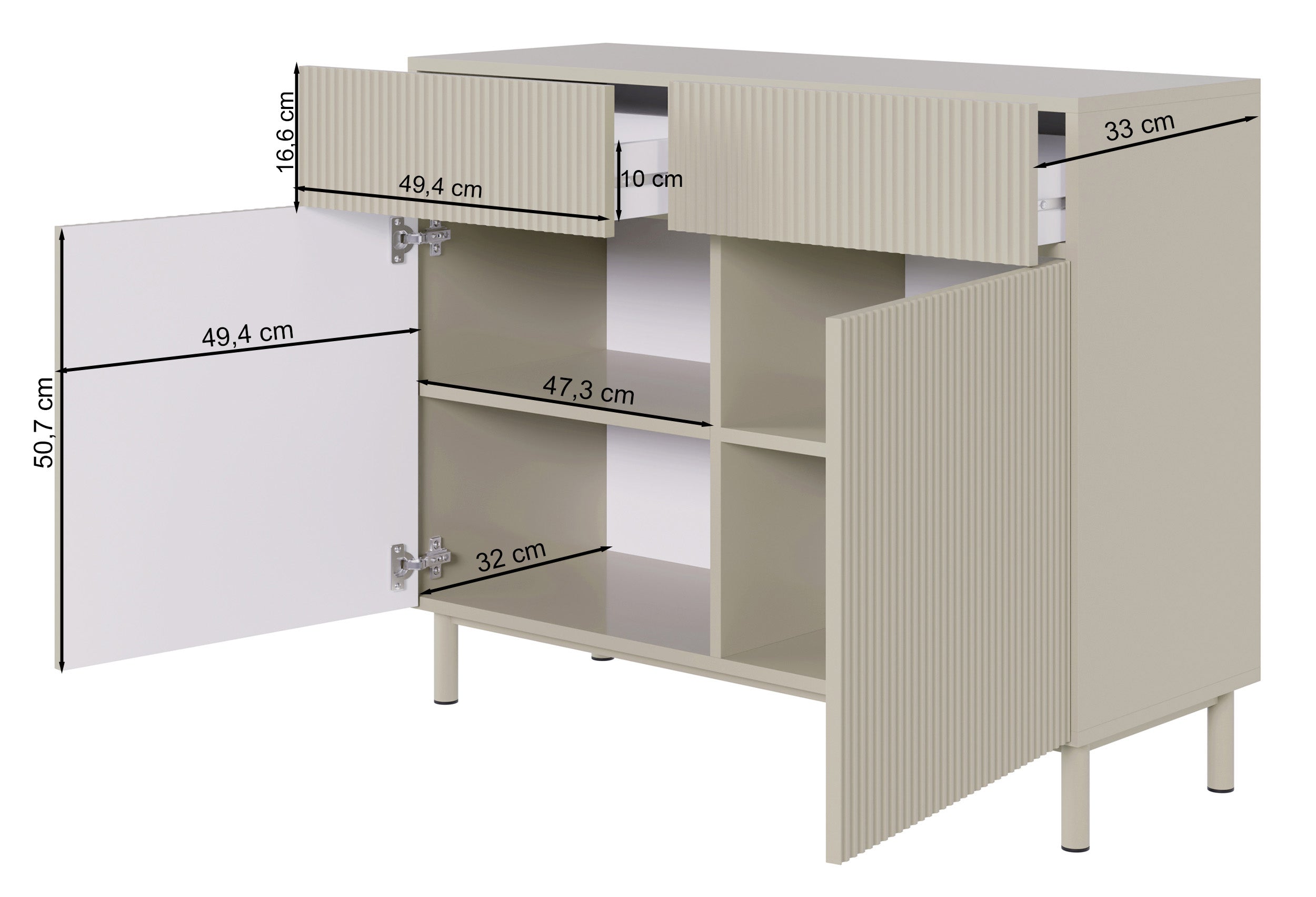 Zweiturige Kommode Veldio New mit gefräster Front und zwei Schubladen, 100 cm, schwarz