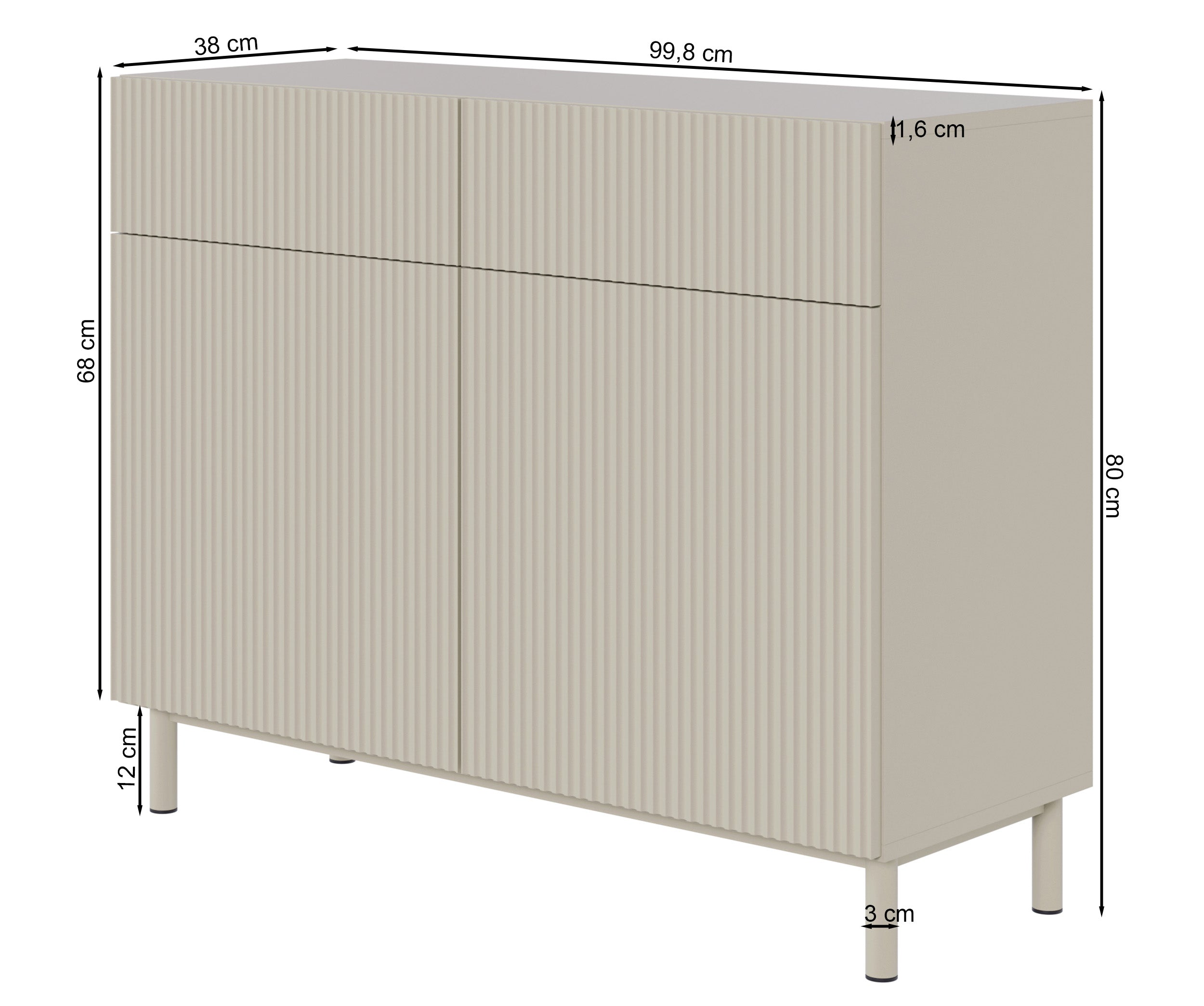 Zweiturige Kommode Veldio New mit gefräster Front und zwei Schubladen, 100 cm, schwarz