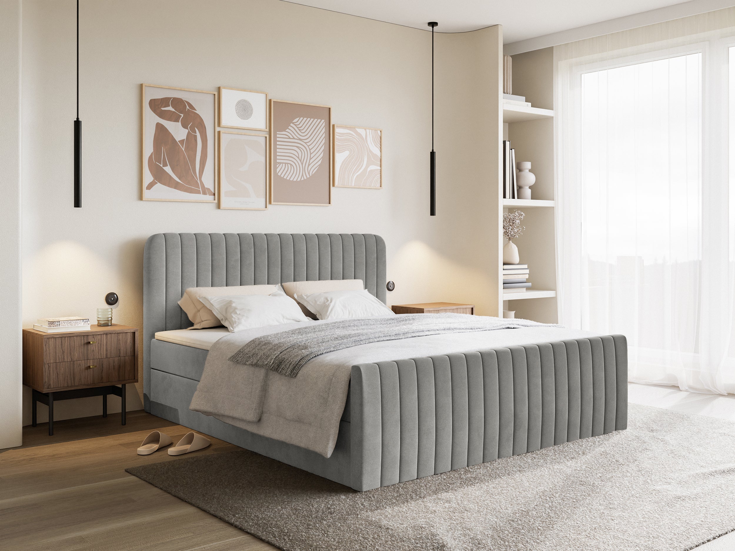 Kontinentalbett 160x200 cm Saliano mit Stauraum und Topper, grauer Samt