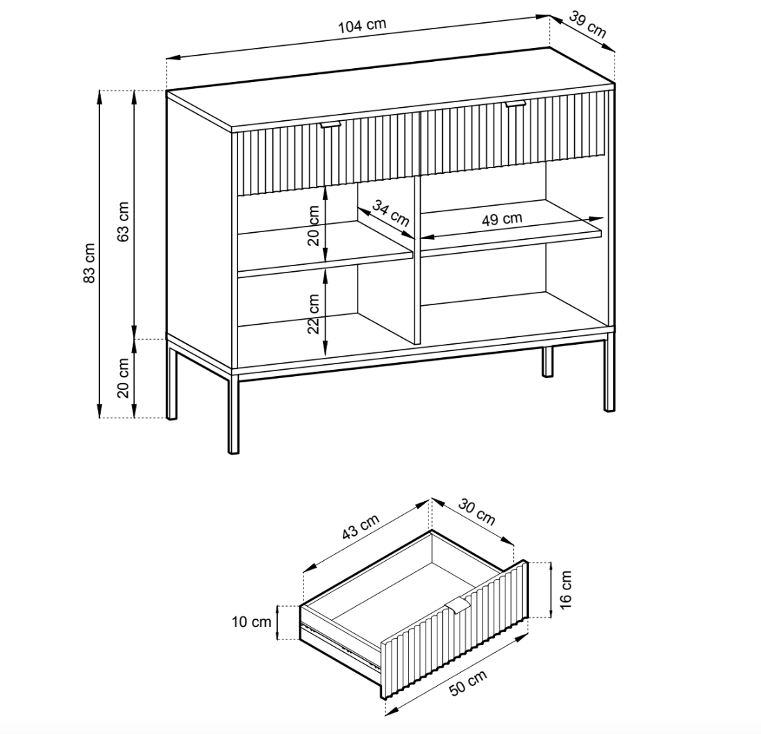 Zweiturige Kommode Vellore 104 cm Kaschmir mit gerillten Fronten und goldenem Gestell