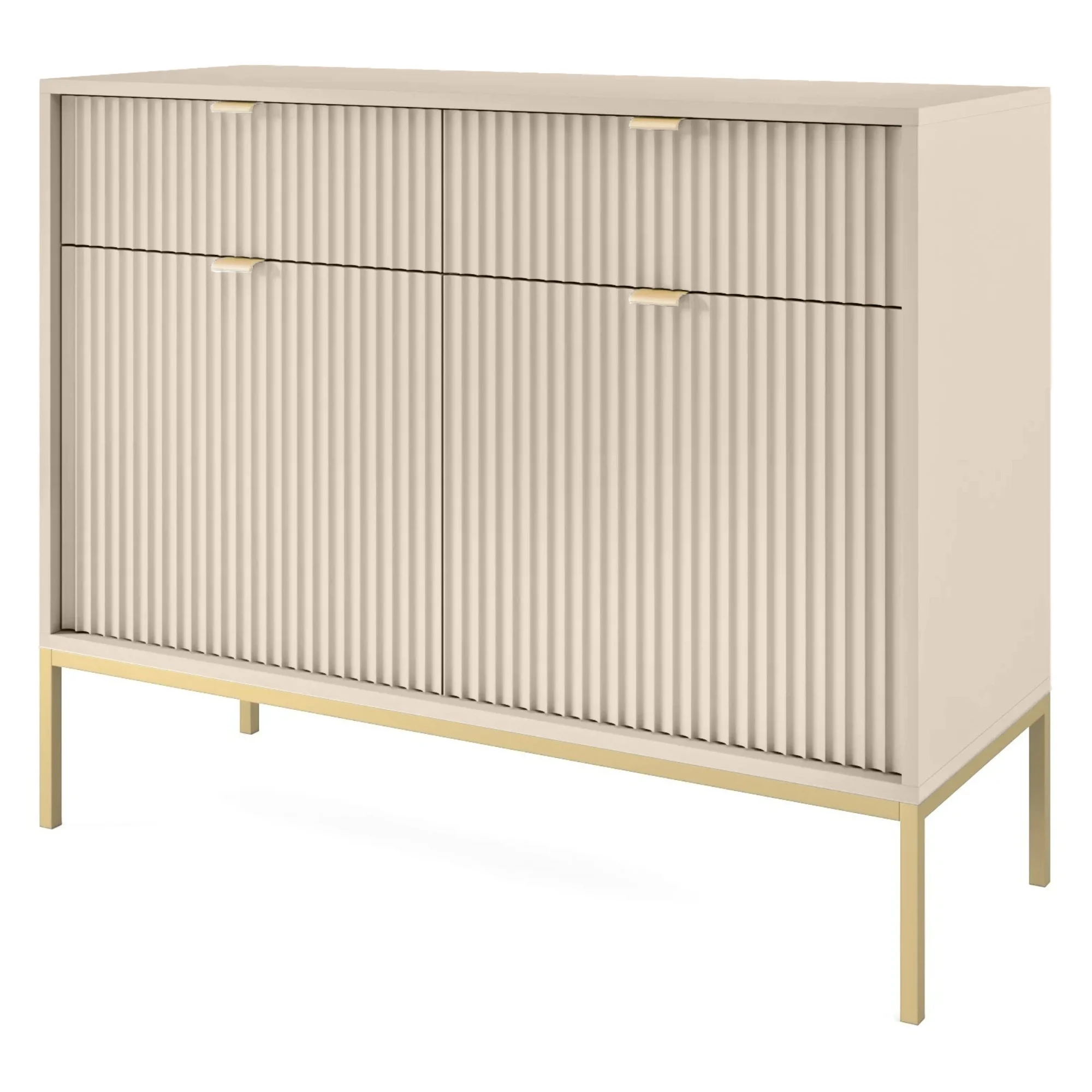 Zweiturige Kommode Vellore 104 cm beige mit gerillten Fronten und goldenem Gestell
