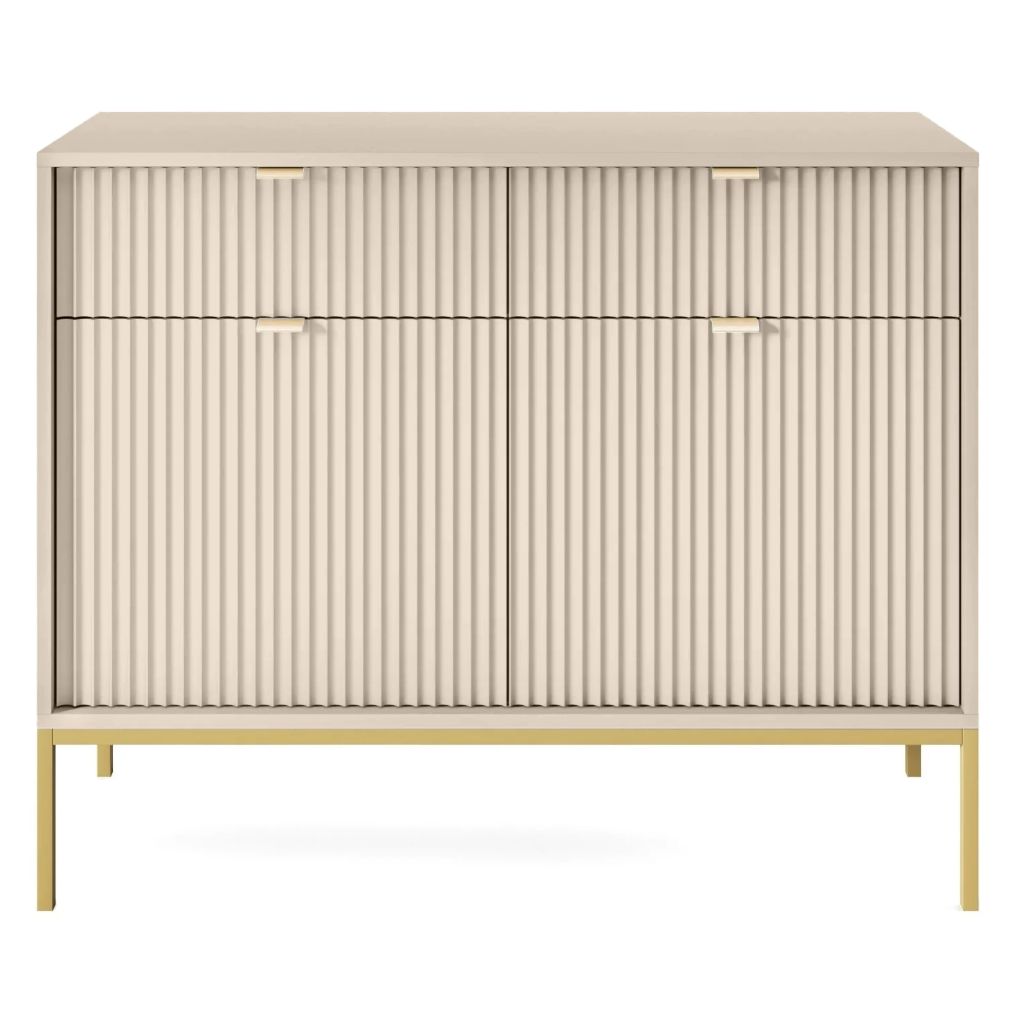 Zweiturige Kommode Vellore 104 cm beige mit gerillten Fronten und goldenem Gestell