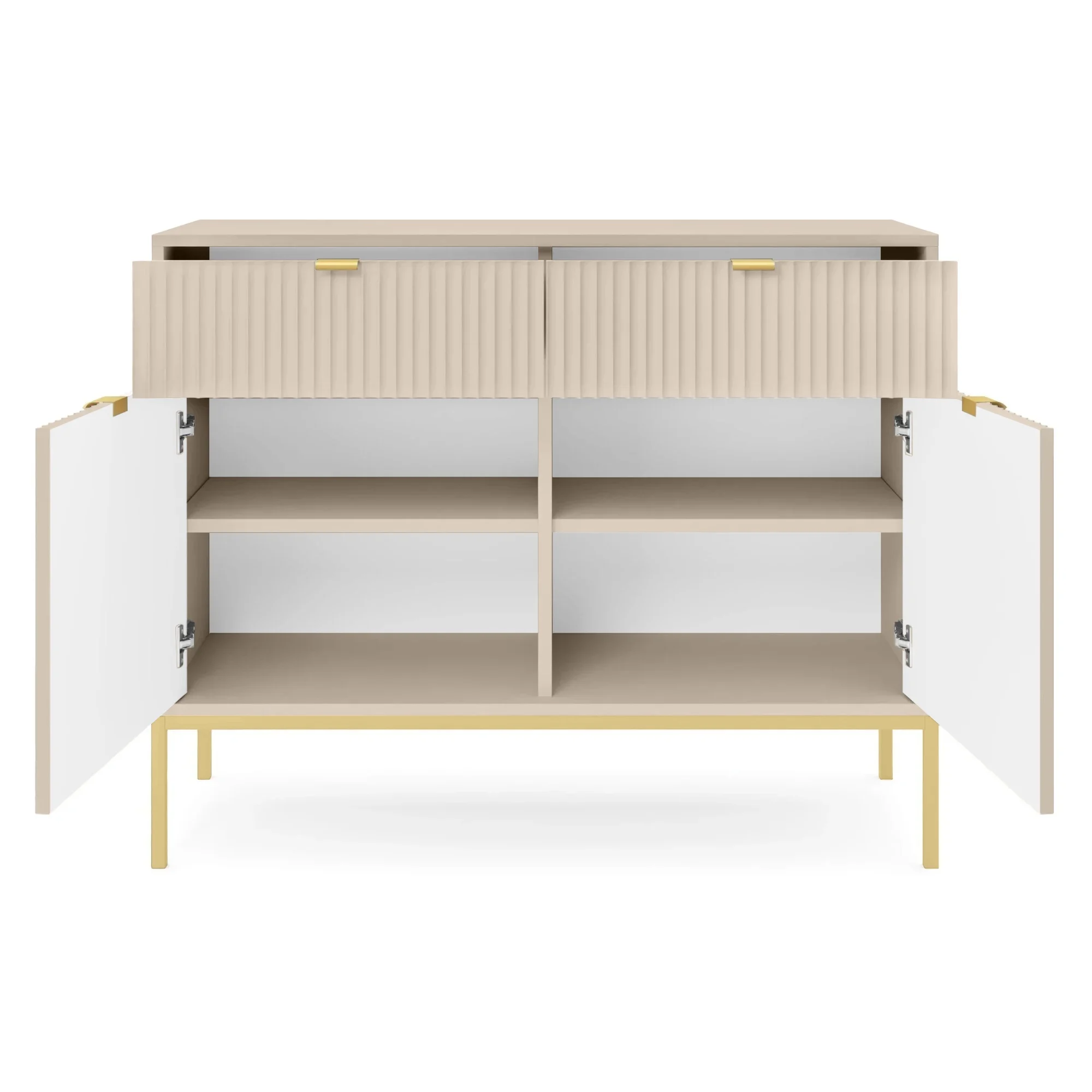 Zweiturige Kommode Vellore 104 cm beige mit gerillten Fronten und goldenem Gestell