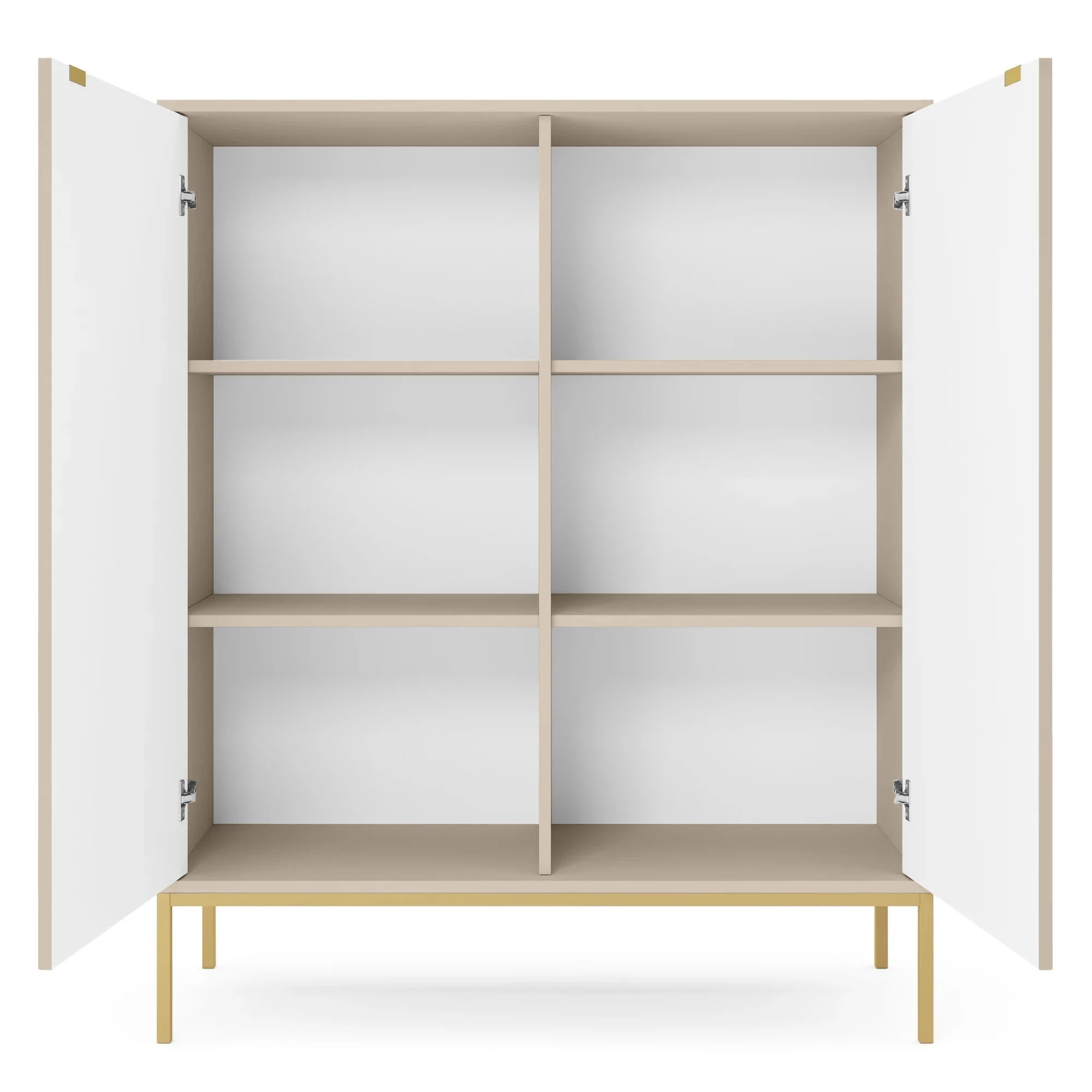Hohe Kommode Vellore in Beige mit gerillten Fronten und goldenem Gestell