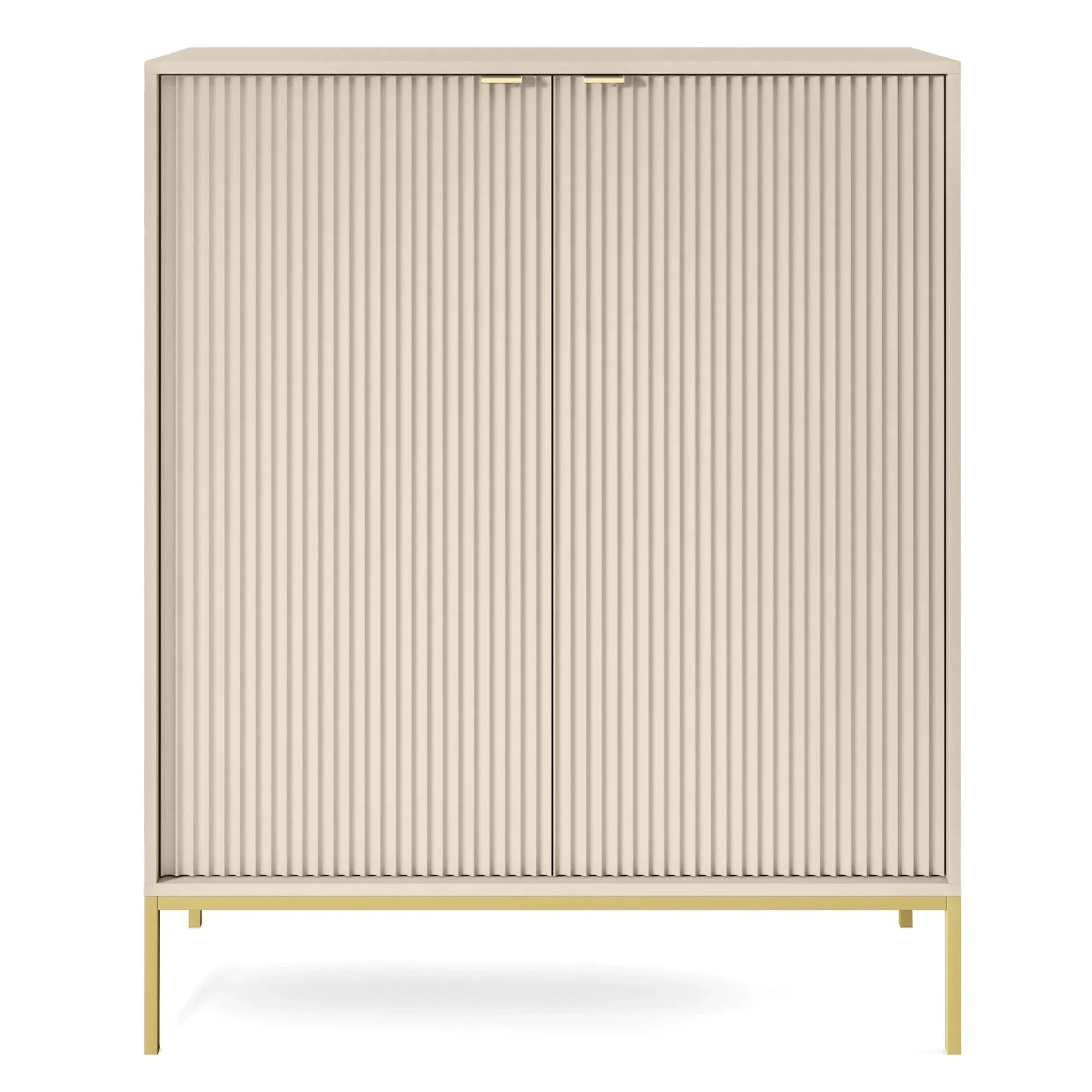 Hohe Kommode Vellore in Beige mit gerillten Fronten und goldenem Gestell