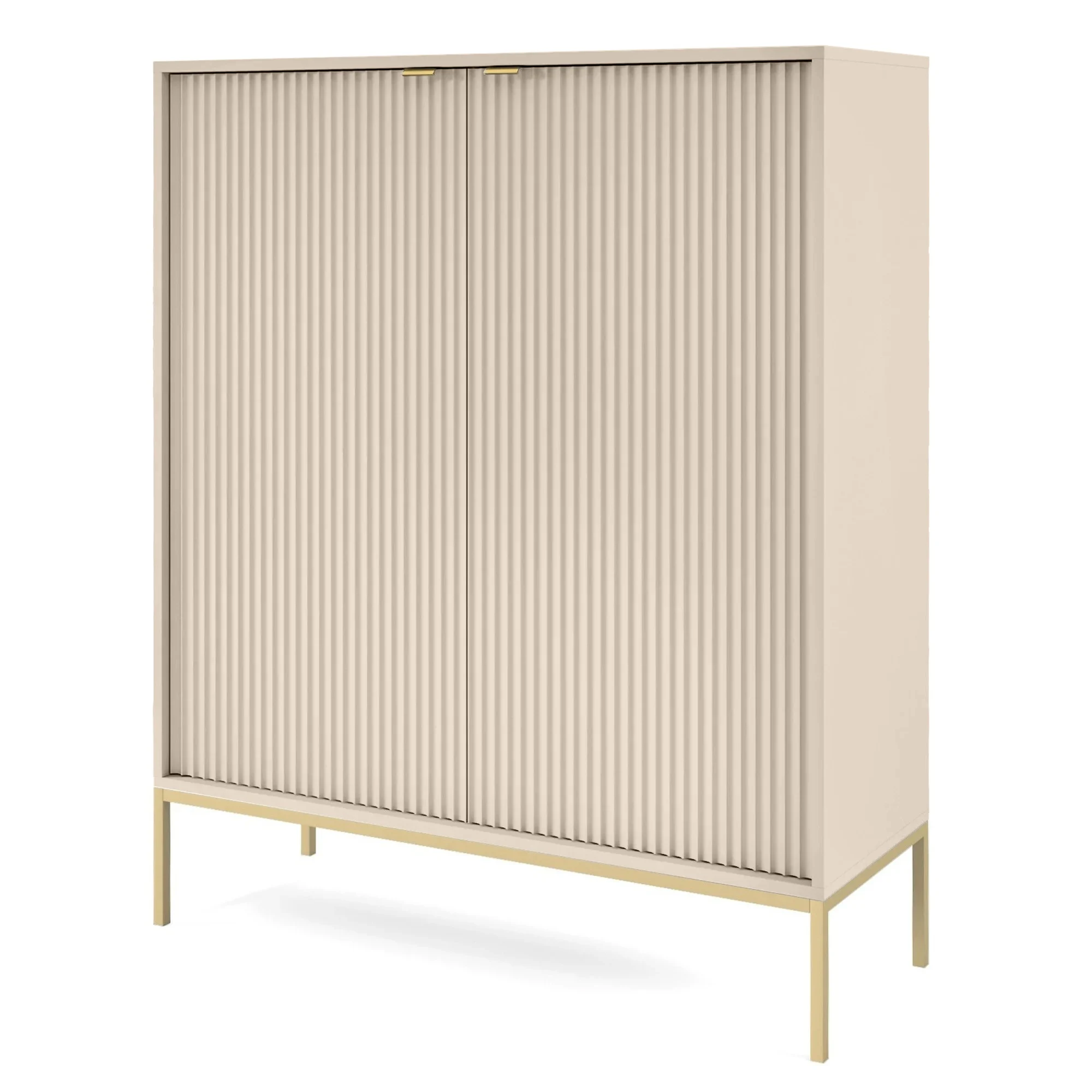 Hohe Kommode Vellore in Beige mit gerillten Fronten und goldenem Gestell