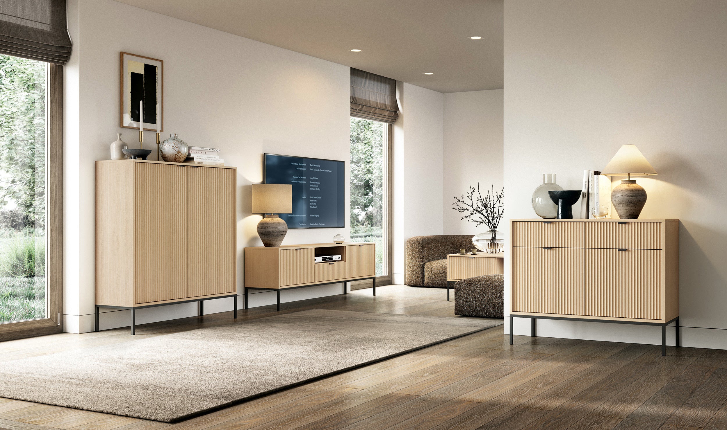 Couchtisch Vellore mit zwei Schubladen und gerillter Front, 104x68 cm, Vicenza-Eiche auf schwarzen Beinen