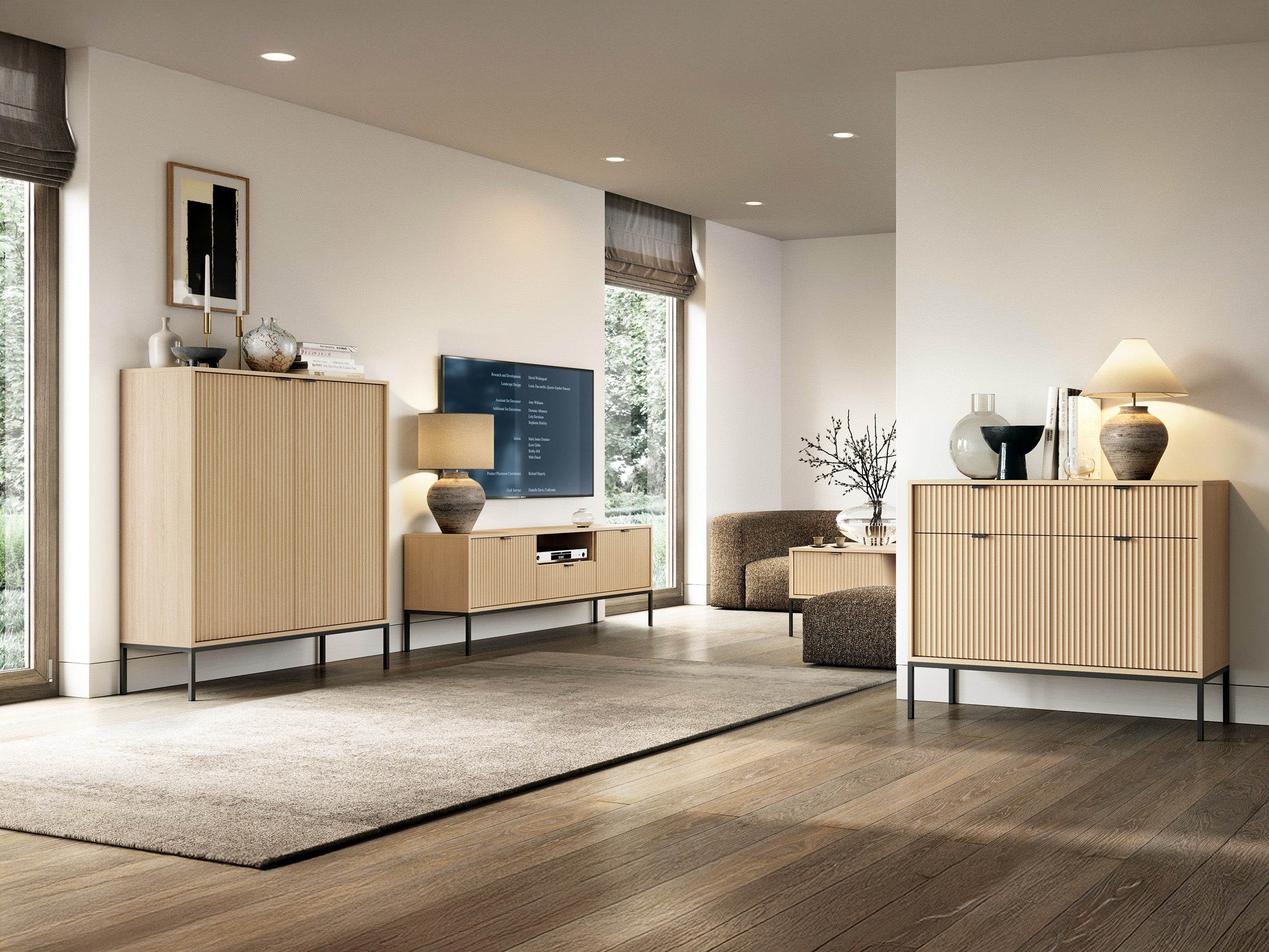 Couchtisch Vellore mit zwei Schubladen und gerillter Front, 104x68 cm, Vicenza-Eiche auf schwarzen Beinen