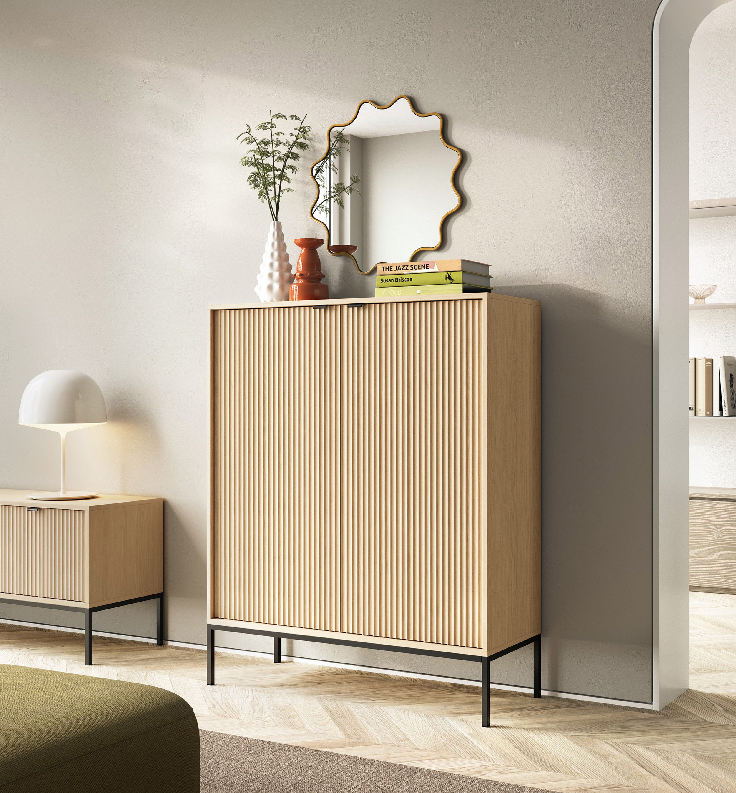 Zweiturige Kommode Vellore mit geriffelter Front, 104 cm, Vicenza-Eiche auf schwarzen Beinen