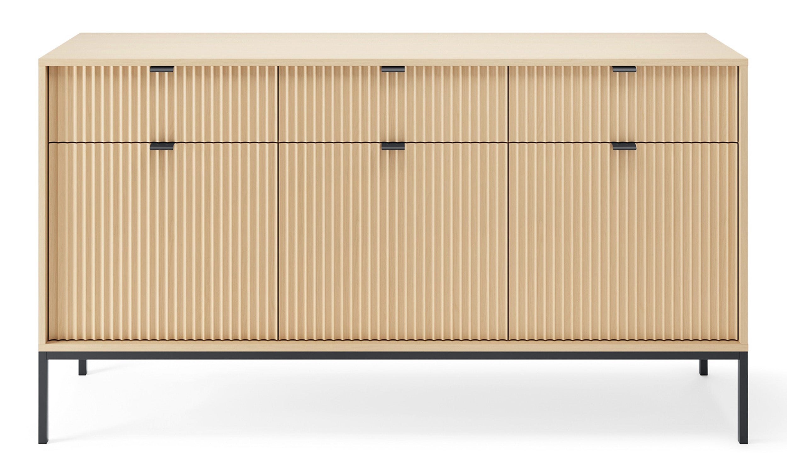 Drehtür-Kommode Vellore mit drei Schubladen und geriffelter Front, 154 cm, Eiche Vicenza auf schwarzen Beinen