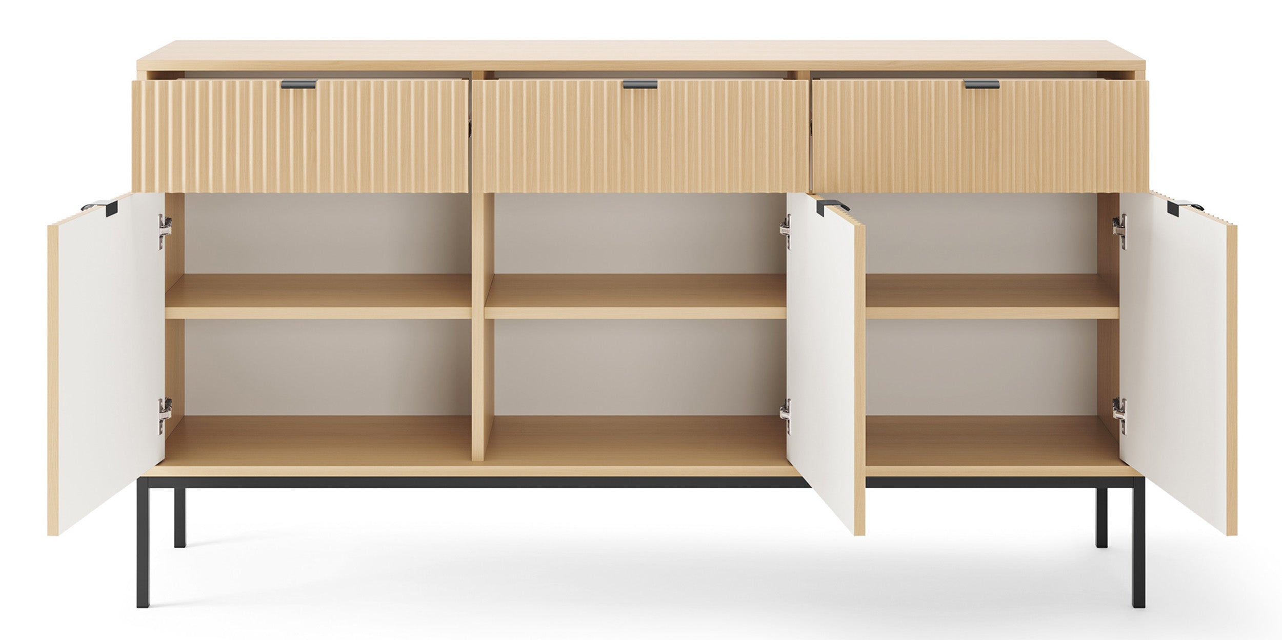 Drehtür-Kommode Vellore mit drei Schubladen und geriffelter Front, 154 cm, Eiche Vicenza auf schwarzen Beinen