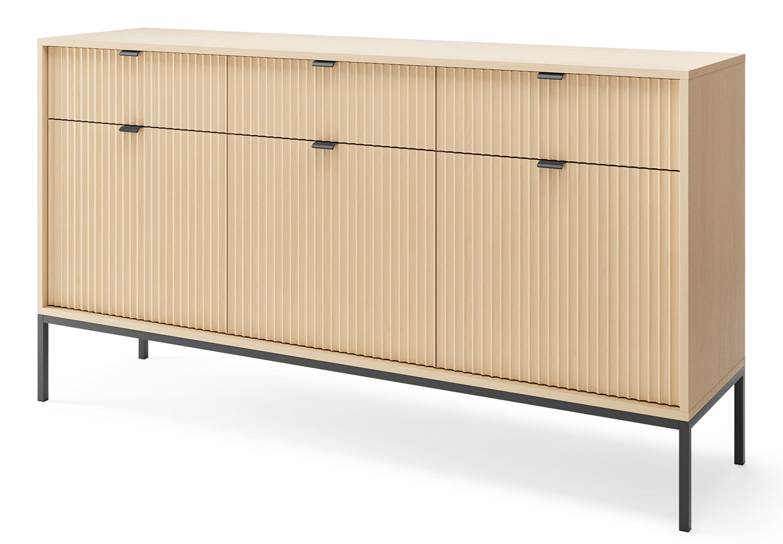 Drehtür-Kommode Vellore mit drei Schubladen und geriffelter Front, 154 cm, Eiche Vicenza auf schwarzen Beinen