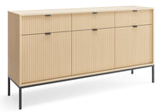Drehtür-Kommode Vellore mit drei Schubladen und geriffelter Front, 154 cm, Eiche Vicenza auf schwarzen Beinen