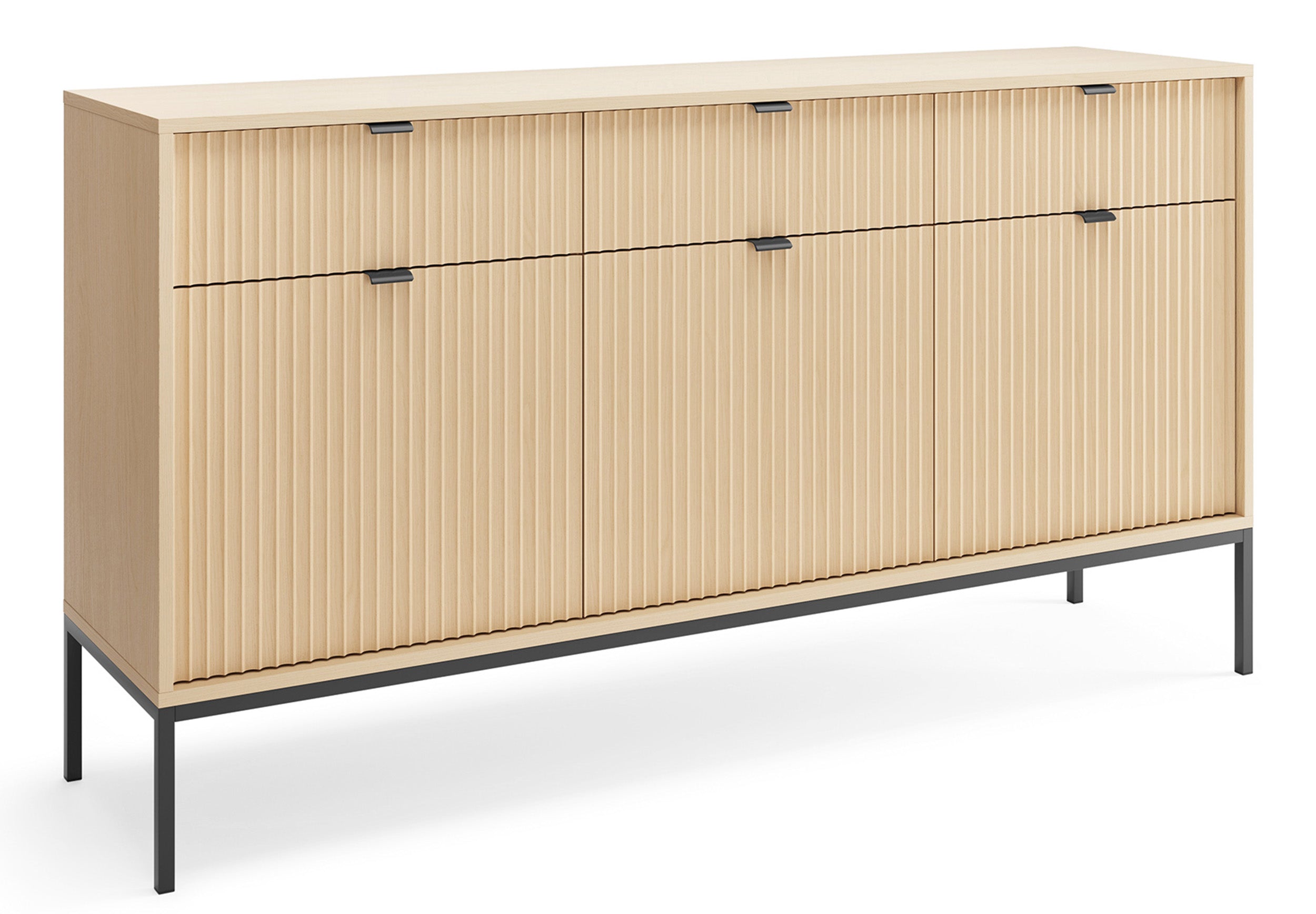 Drehtür-Kommode Vellore mit drei Schubladen und geriffelter Front, 154 cm, Eiche Vicenza auf schwarzen Beinen