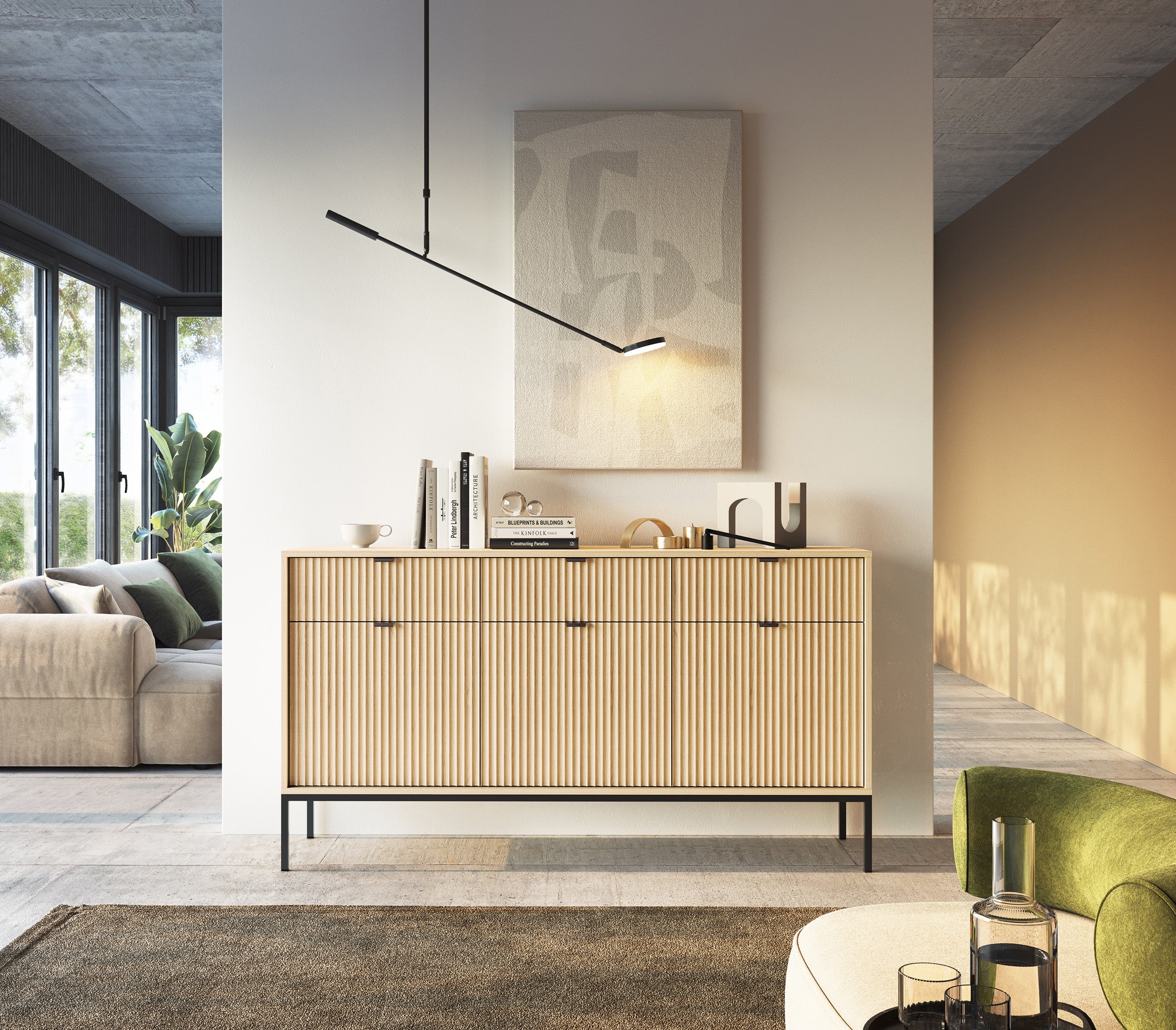 Drehtür-Kommode Vellore mit drei Schubladen und geriffelter Front, 154 cm, Eiche Vicenza auf schwarzen Beinen