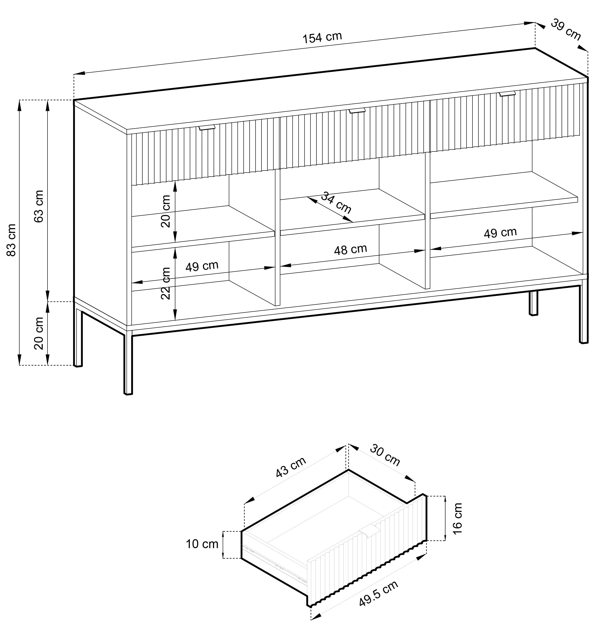 Drehtür-Kommode Vellore mit drei Schubladen und geriffelter Front, 154 cm, Eiche Vicenza auf schwarzen Beinen